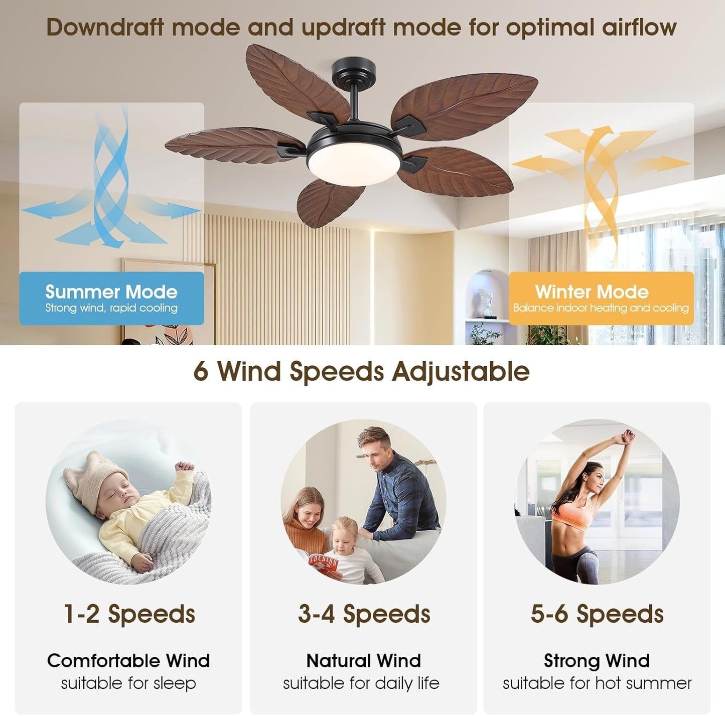 52 inch Brown Palm Leaf Ceiling Fan with Light