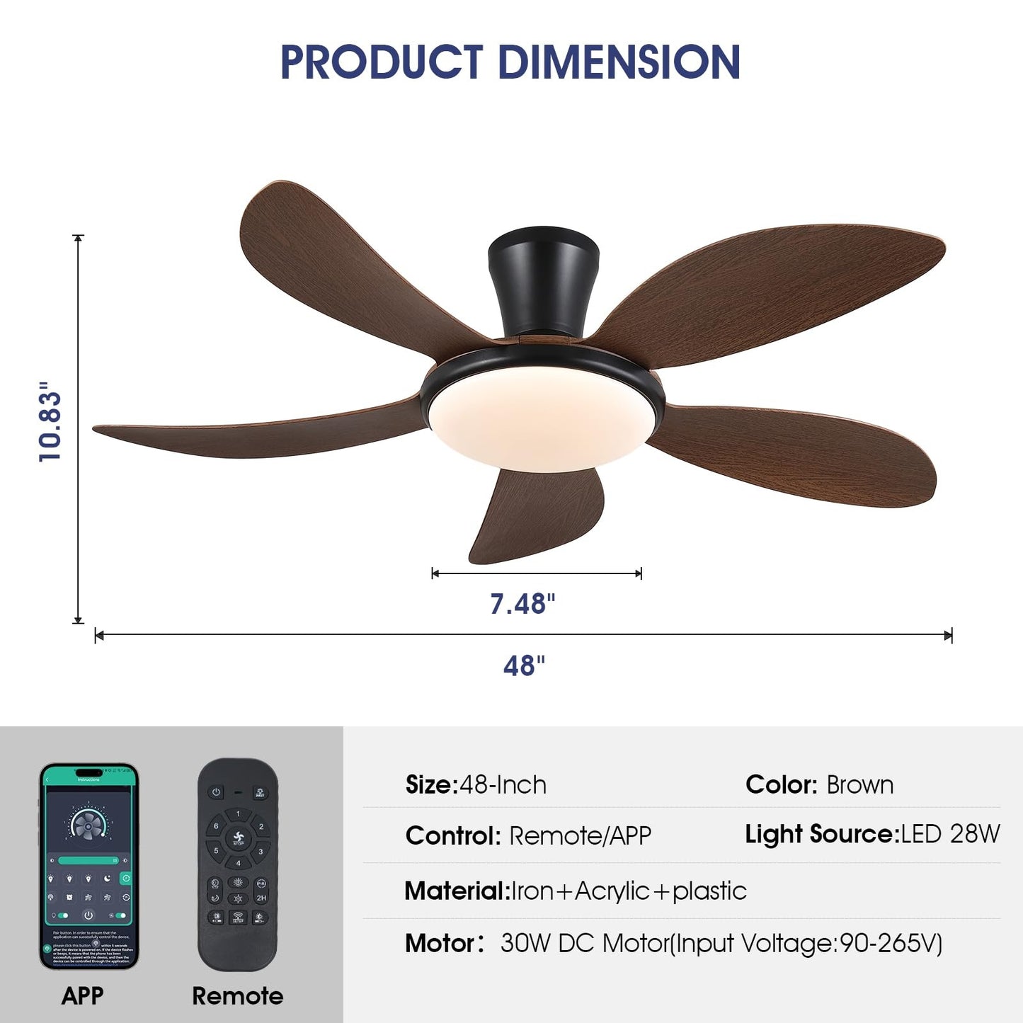 48 Inch Flush Mount Ceiling Fan with Light