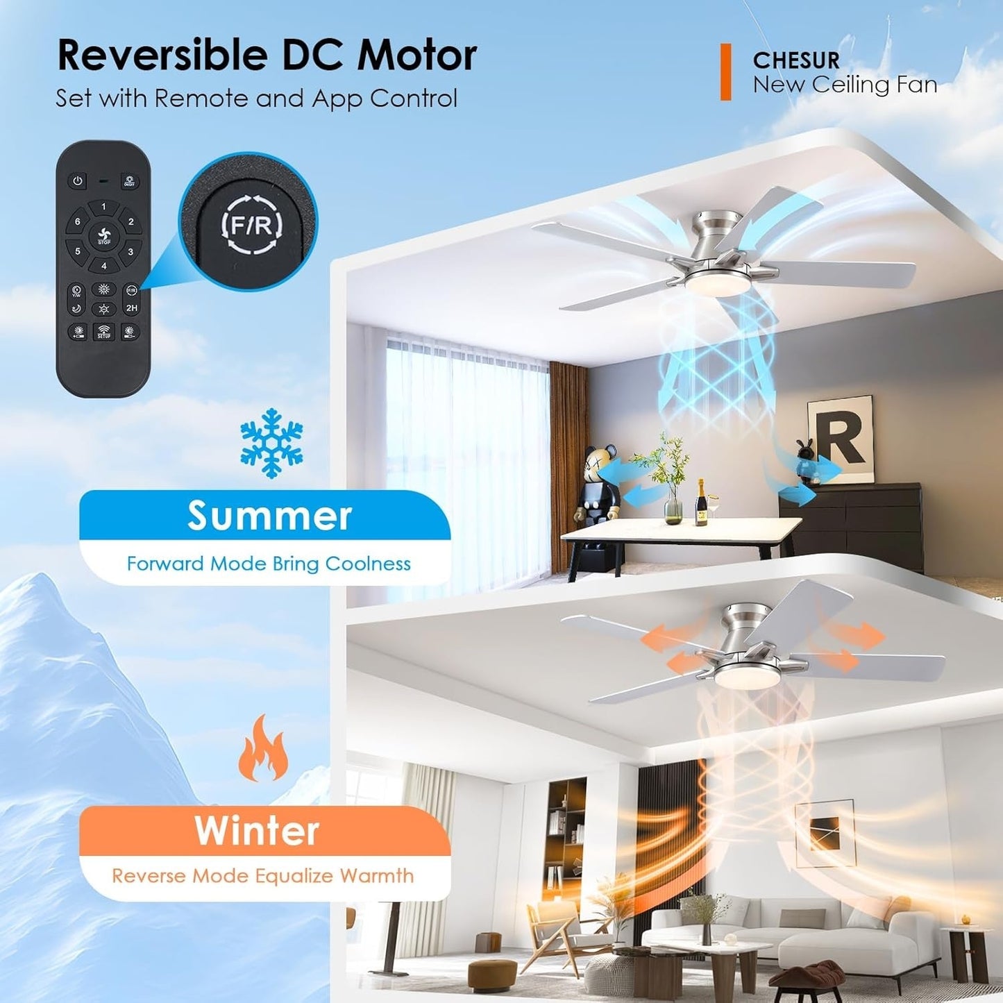 52 Inch Flush Mount Ceiling Fan with Light-NIckle