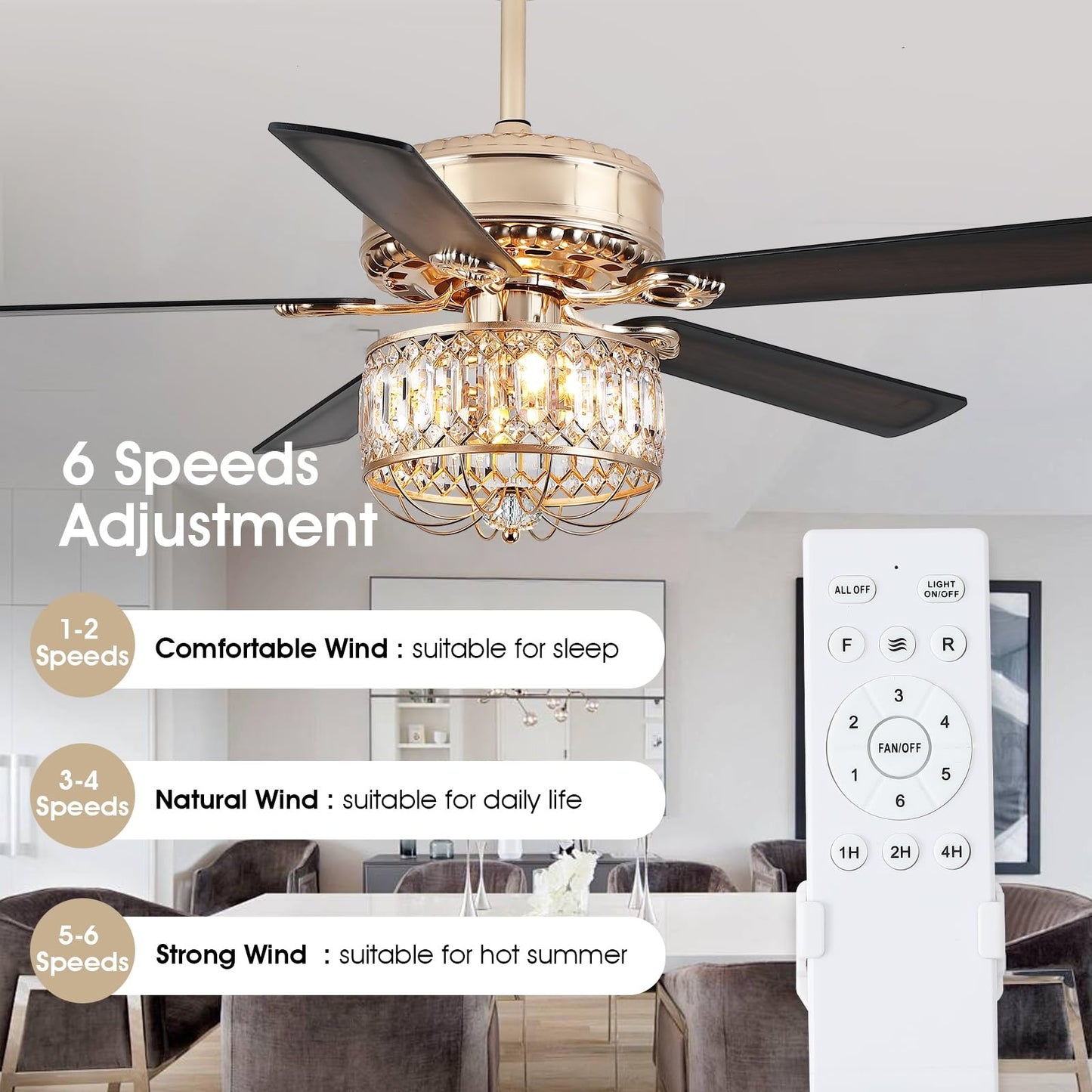52" Crystal Ceiling Fan Fandelier with Lights,Modern Outdoor Fans with Remote Control
