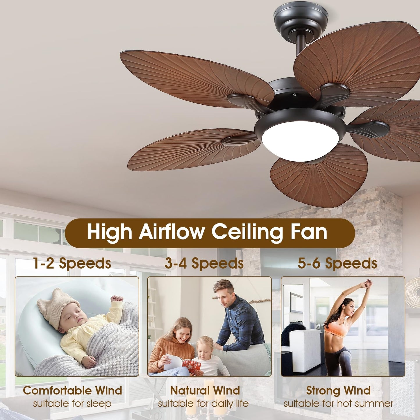44 Inch Tropical Ceiling Fan with LED Lights, 5 Palm Leaf Blades,6 Speed,Dimmable LED,Light Brown,for Kitchen,Dining Room,Patio