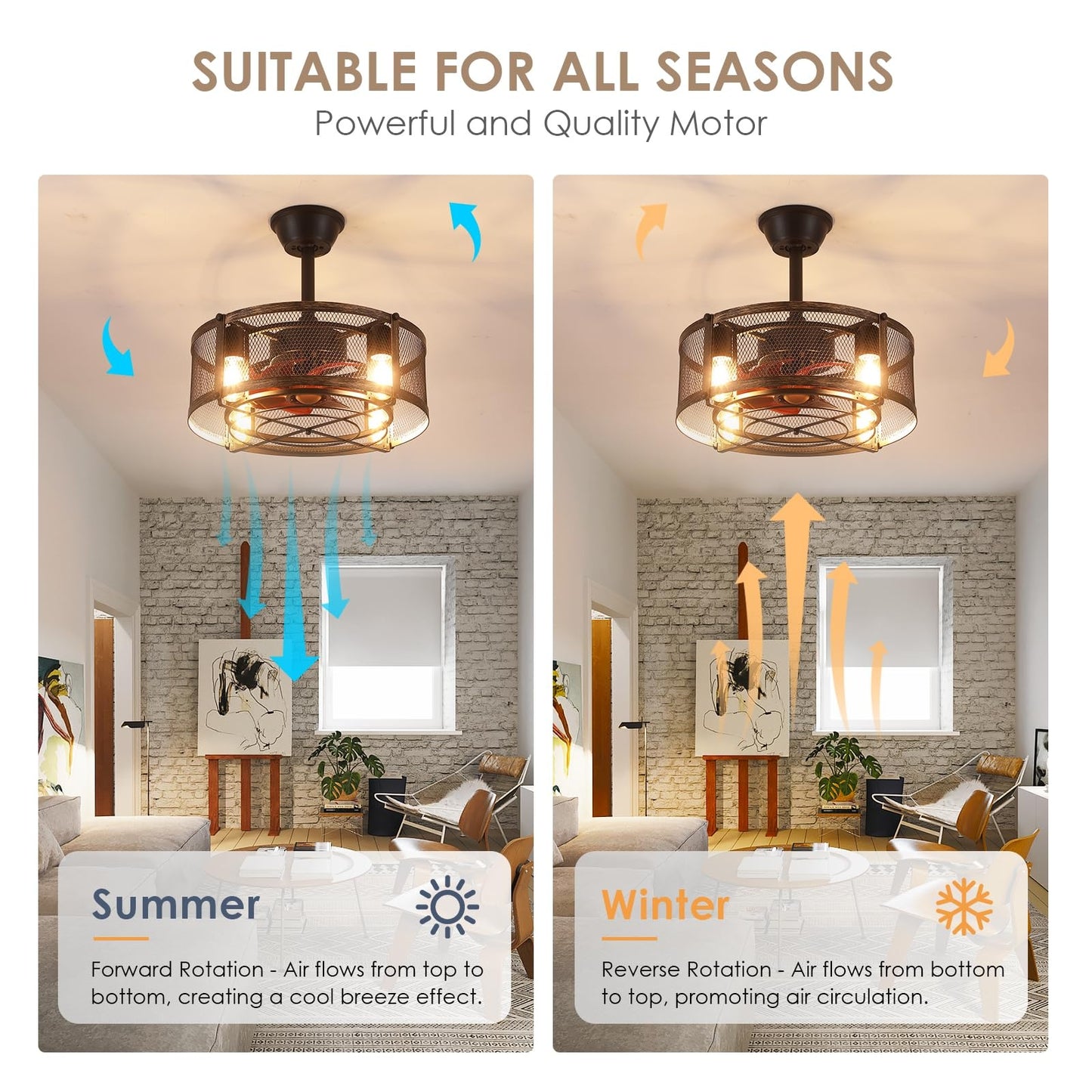 18" Industrial Black Caged Ceiling Fan with Light & Remote - Reversible Quiet Motor, Flush Mount Fandelier for Bedroom, Kitchen, Dining room,Outdoor