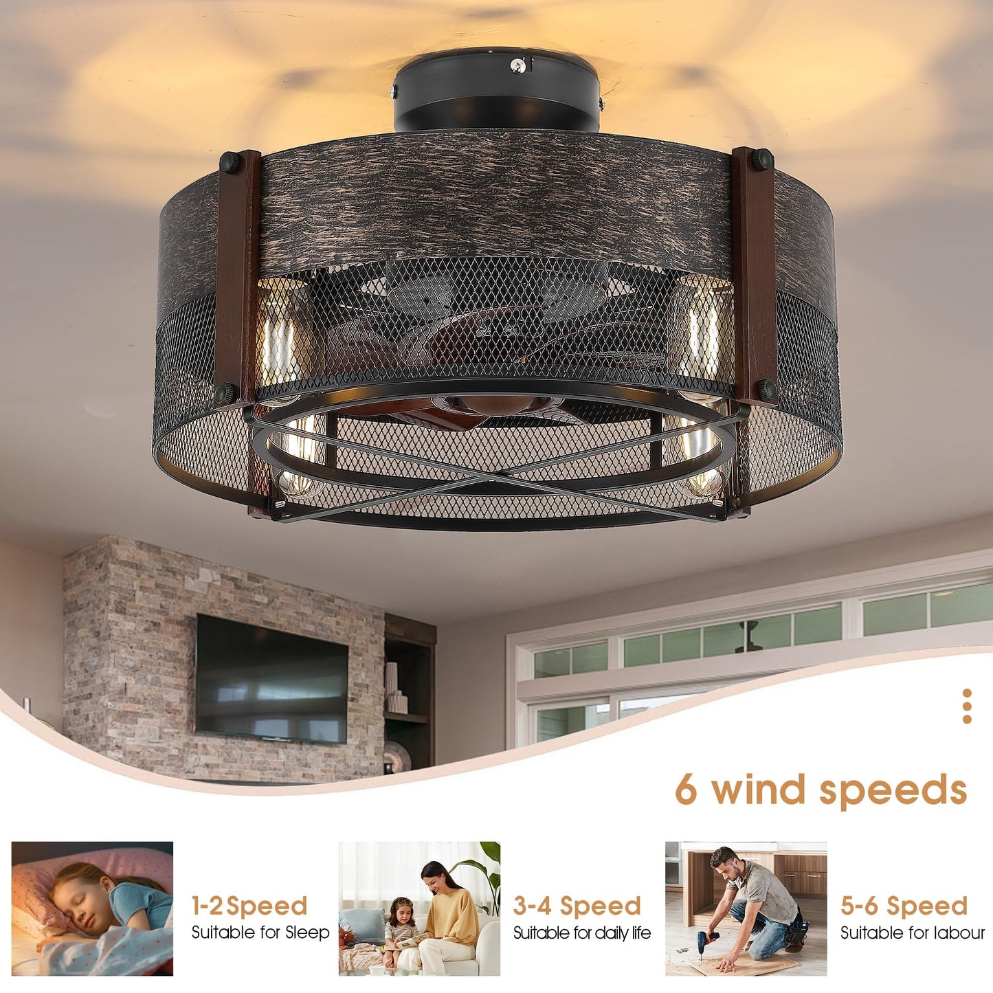 19 Inch Caged Ceiling Fan with Light,Black Bladeless Ceiling Fans for Bedroom Kitchen,Reversible