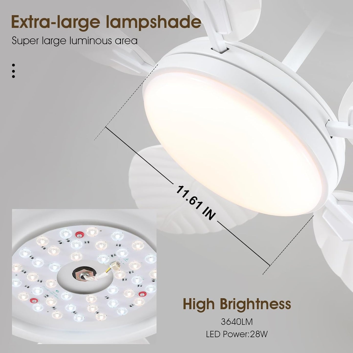 52 Inch White Palm Leaf Ceiling Fan Light