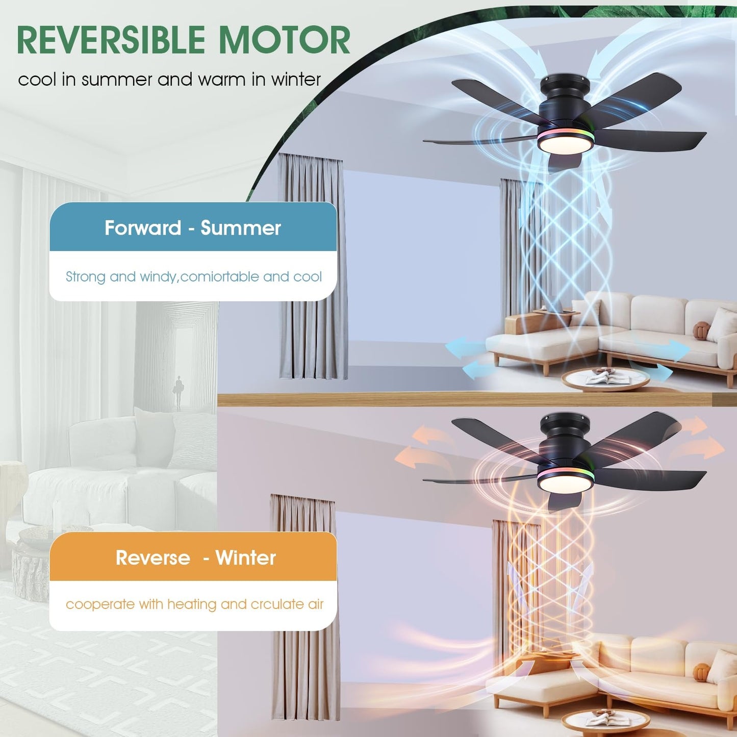 41 Inches RGB Ceiling Fan with Light,3CCT LED,Reversible DC Motor,Flush Mount Ceiling Fan