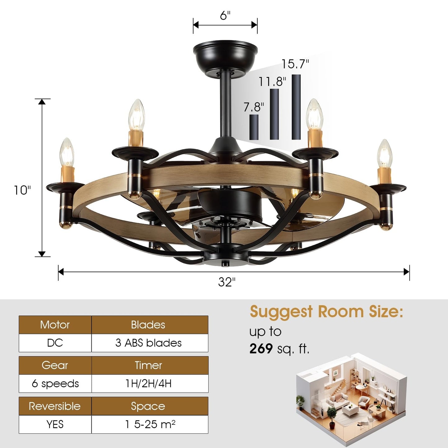 23/32 Inches Caged Ceiling Fan with Light and Remote,Modern Farmhouse Ceiling Fan Light for Living Room,Kitchen,Dinning Room, Black Rustic Chandelier Candles