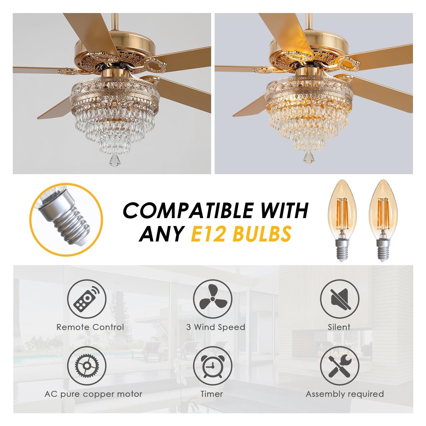 52 Inch Crystal Ceiling Fan Fandelier with Lights with Remote Control,Noiseless AC Motor,Retro/Farmhouse Lighting, Dining Room, Living Room