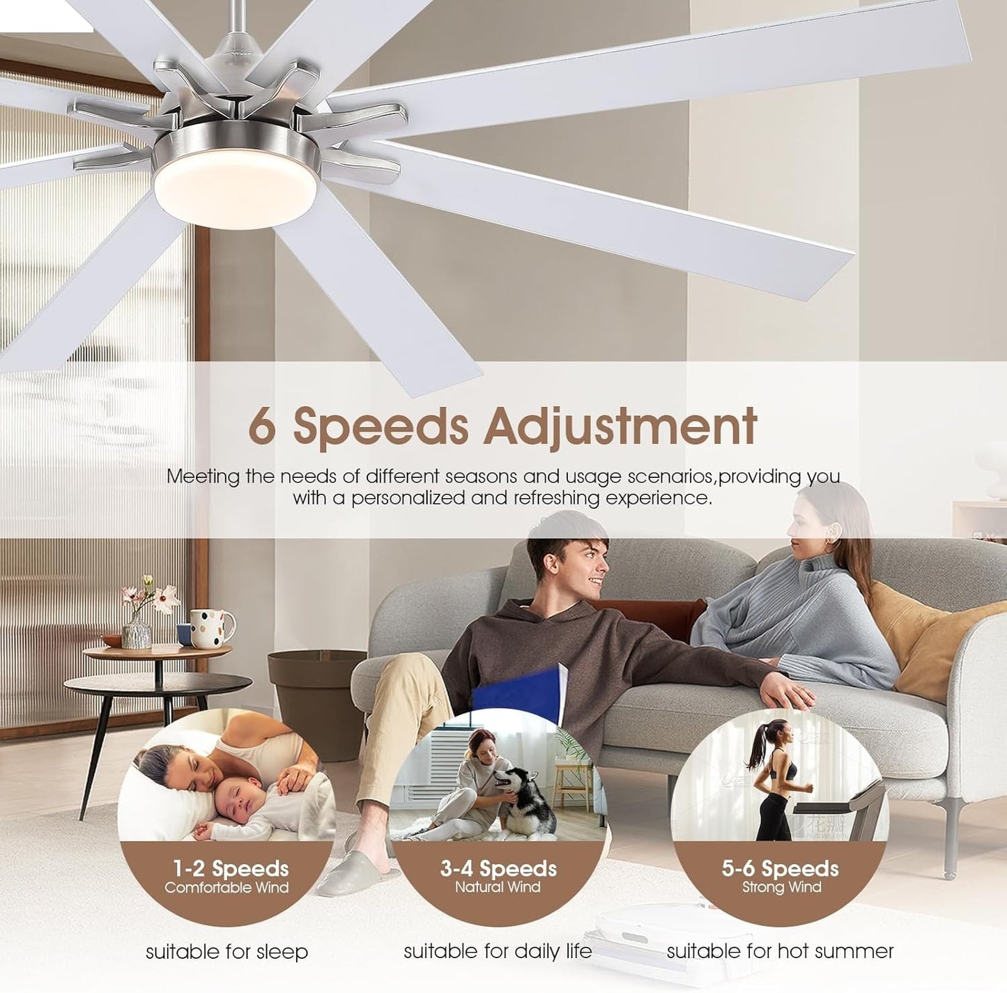 72 Inch Ceiling Fan with Light ,Reversible DC Motor,3 CCT Dimmable LED,Suitable for Living Room,Patio,backyard,Garage,Warehouse