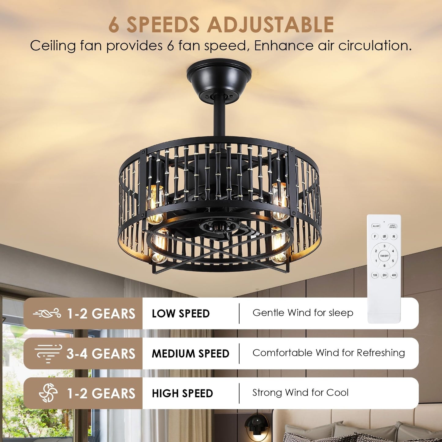18 Inch Caged Ceiling Fan with Light and Remote,Downrod Bladeless Ceiling Fan Light,for Dining Room,Kitchen,Bedroom
