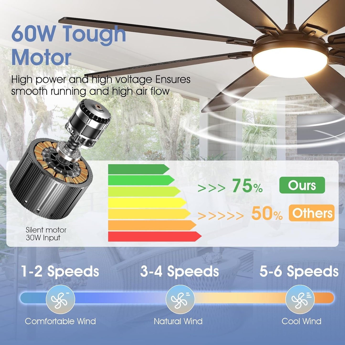 72 Inch Downrod Ceiling Fan with Light ,Remote Control,Dual Side Blades,3CCT LED Lights