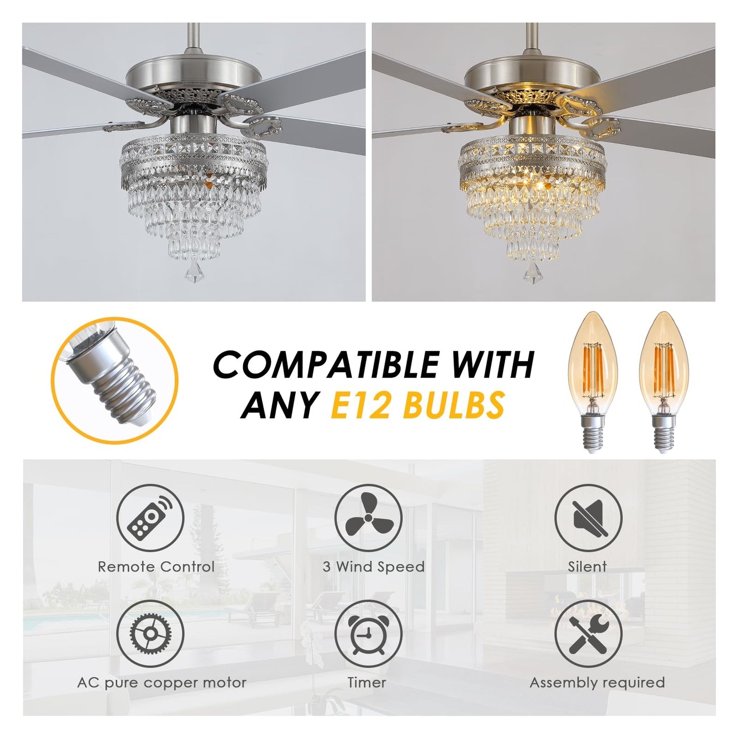 Chandelier Ceiling Fan with Remote, 52 Inch Crystal Fan Light, Indoor Fan Ceiling with 3 Speed, Silent Reversible Motor, Dual-Sided Blades, Timer