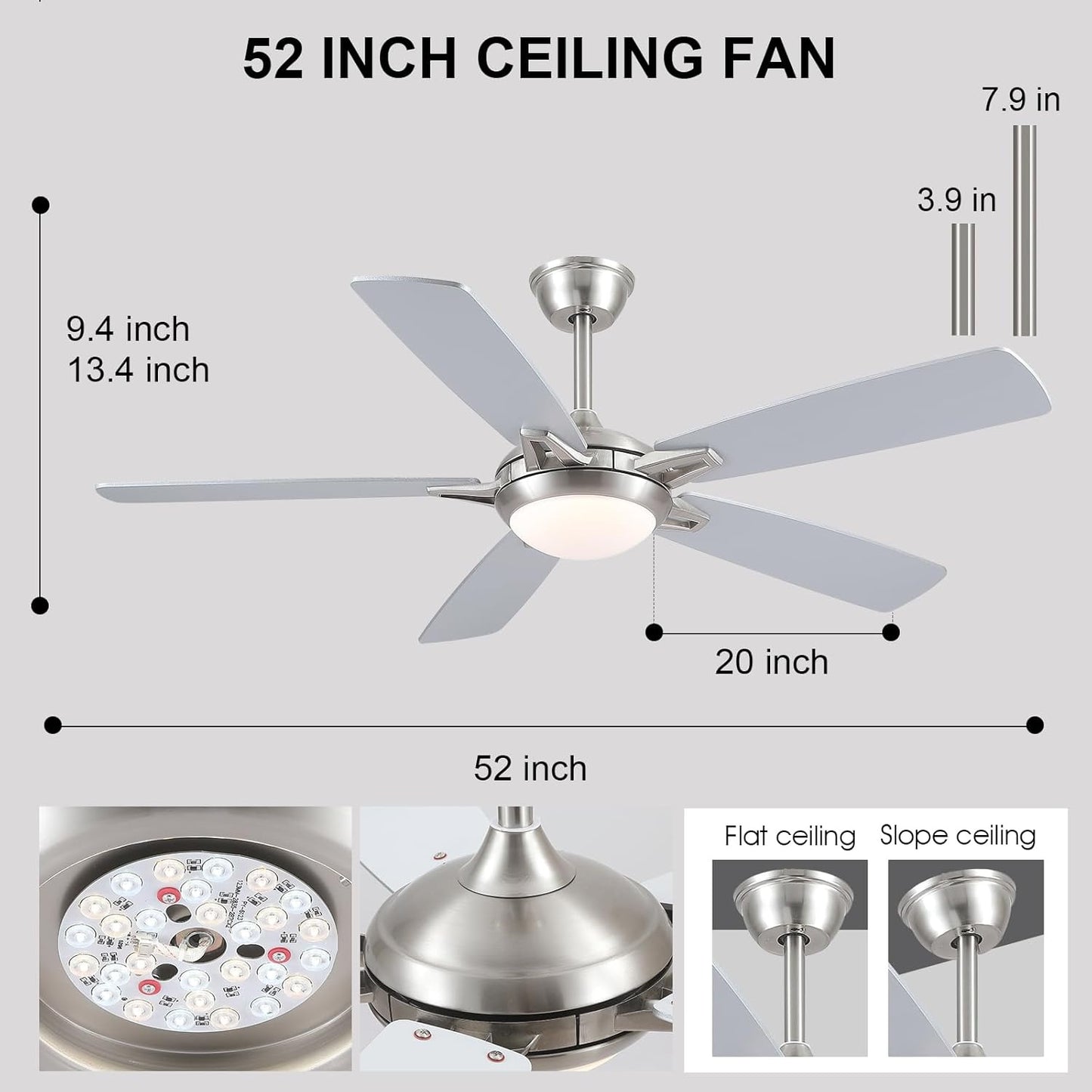 52 Inch Down Rod Ceiling Fan with Light,Dual side Blades