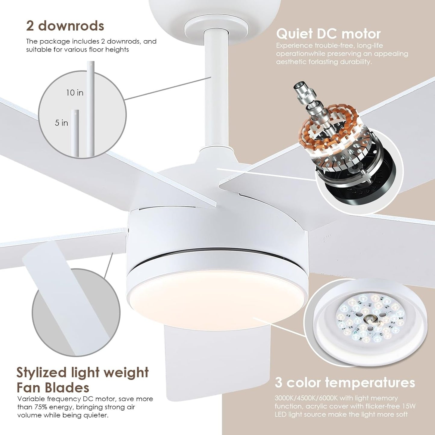46 Inches Downrod ceiling Fan with Light,Reversible Wind,TImer Setting