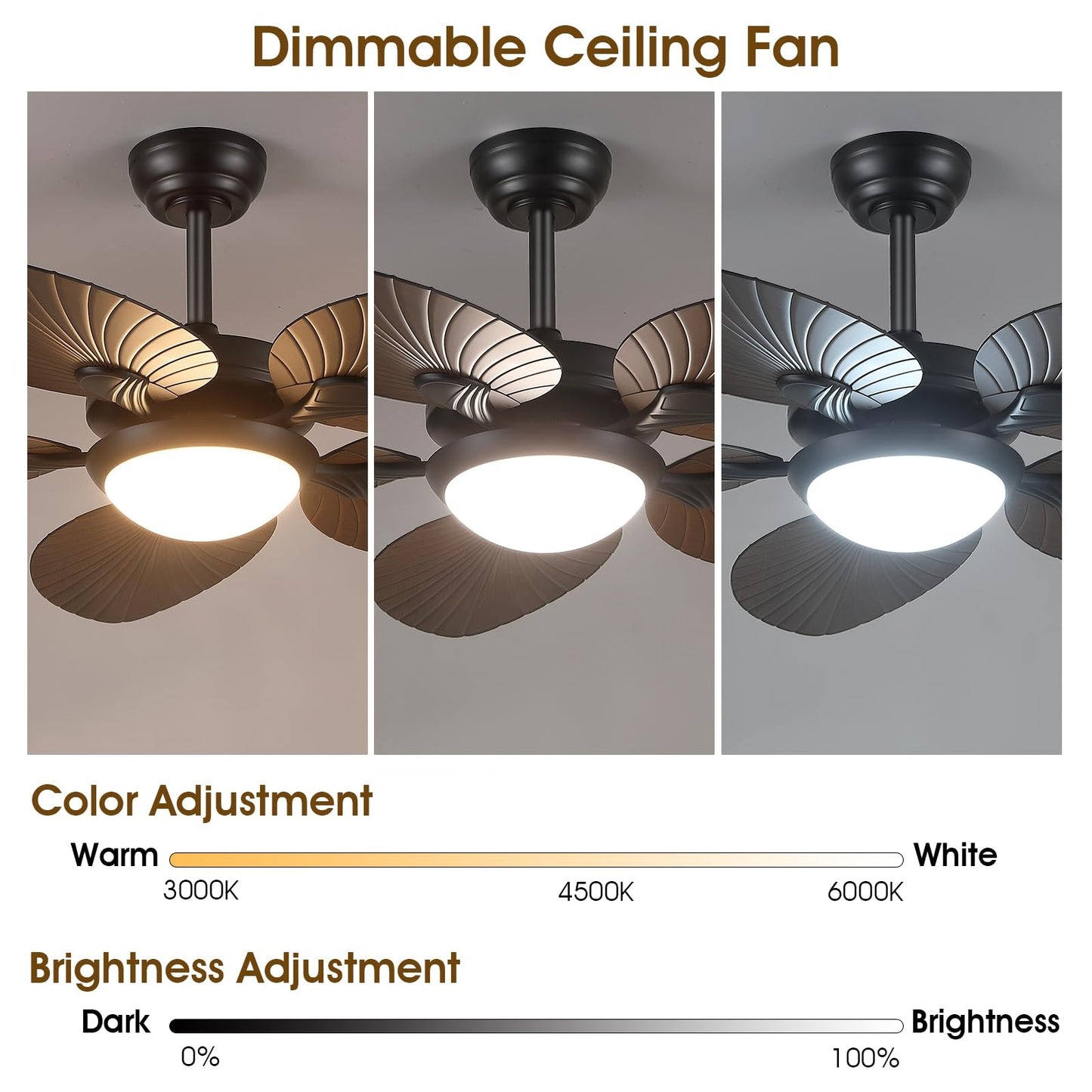 44 Inch Tropical Palm Leaf Ceiling Fan with LED Lights, Outdoor Ceiling Fans for Patios Porch, Reversible Quiet Motor, Dimmable, Light Brown