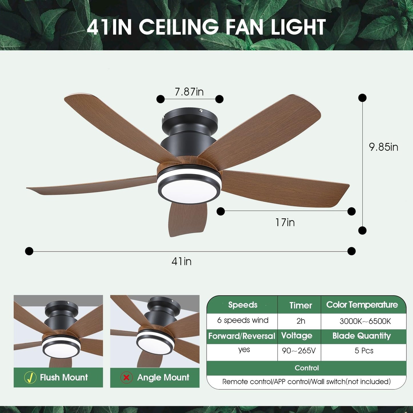 41 Inches Ceiling Fan with Light,App and Remote Control,5 Blades, Reversible DC Motor