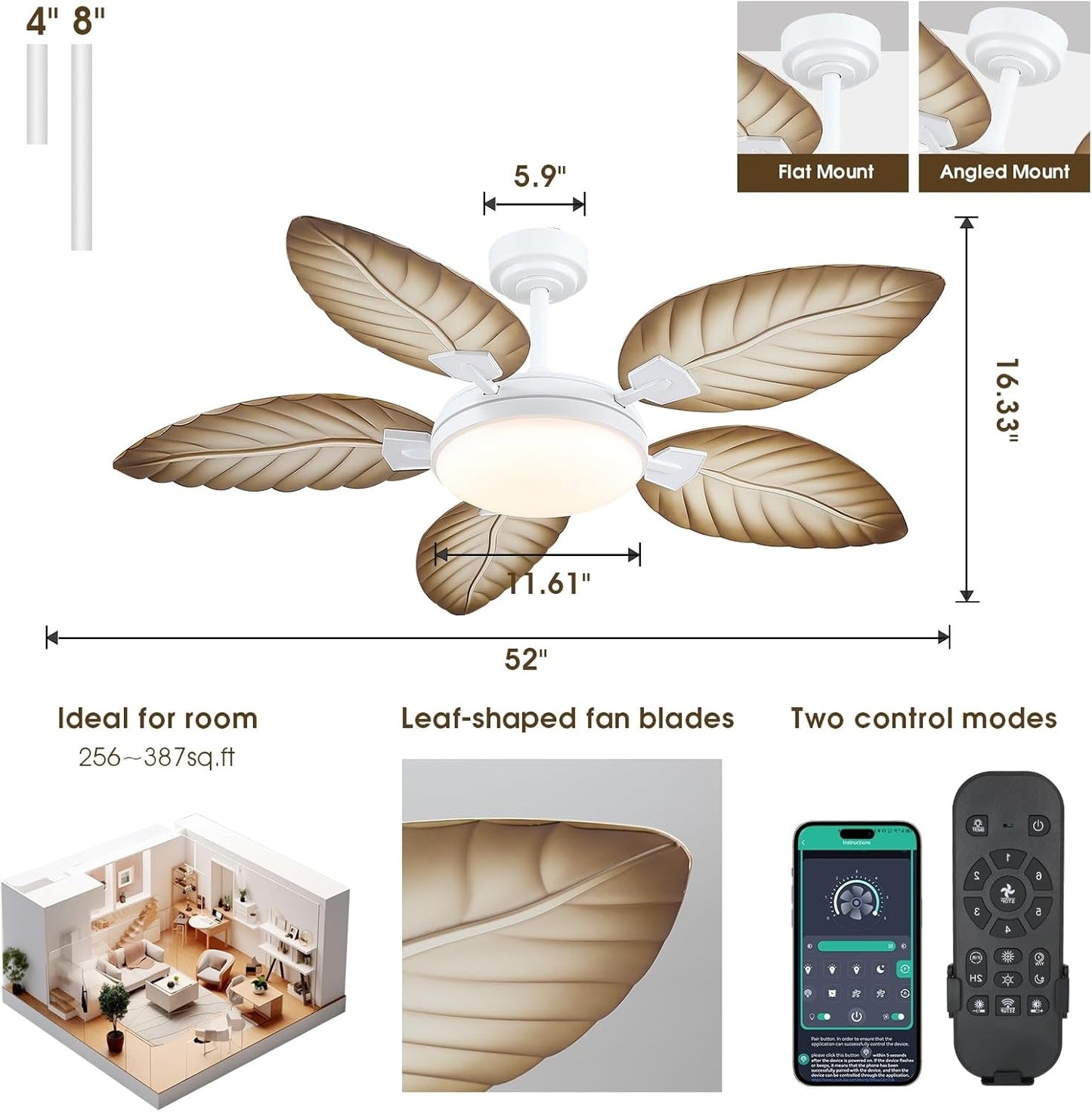 48 or 52 Inch Palm Leaf Ceiling Fan,APP and Remote Control,5 Blades,Dimmable,Reversible DC Motor