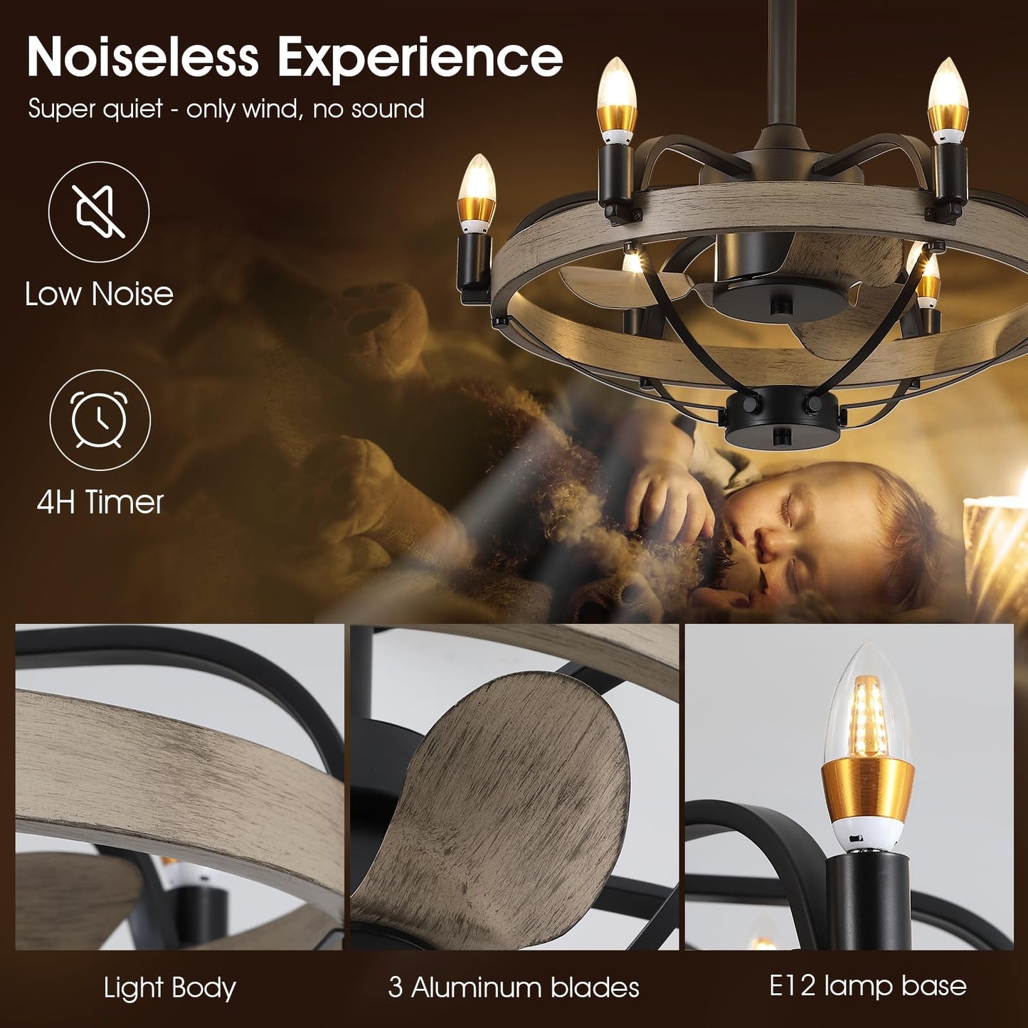 23/32 Inches Caged Ceiling Fan with Light and Remote,Modern Farmhouse Ceiling Fan Light for Living Room,Kitchen,Dinning Room, Black Rustic Chandelier Candles