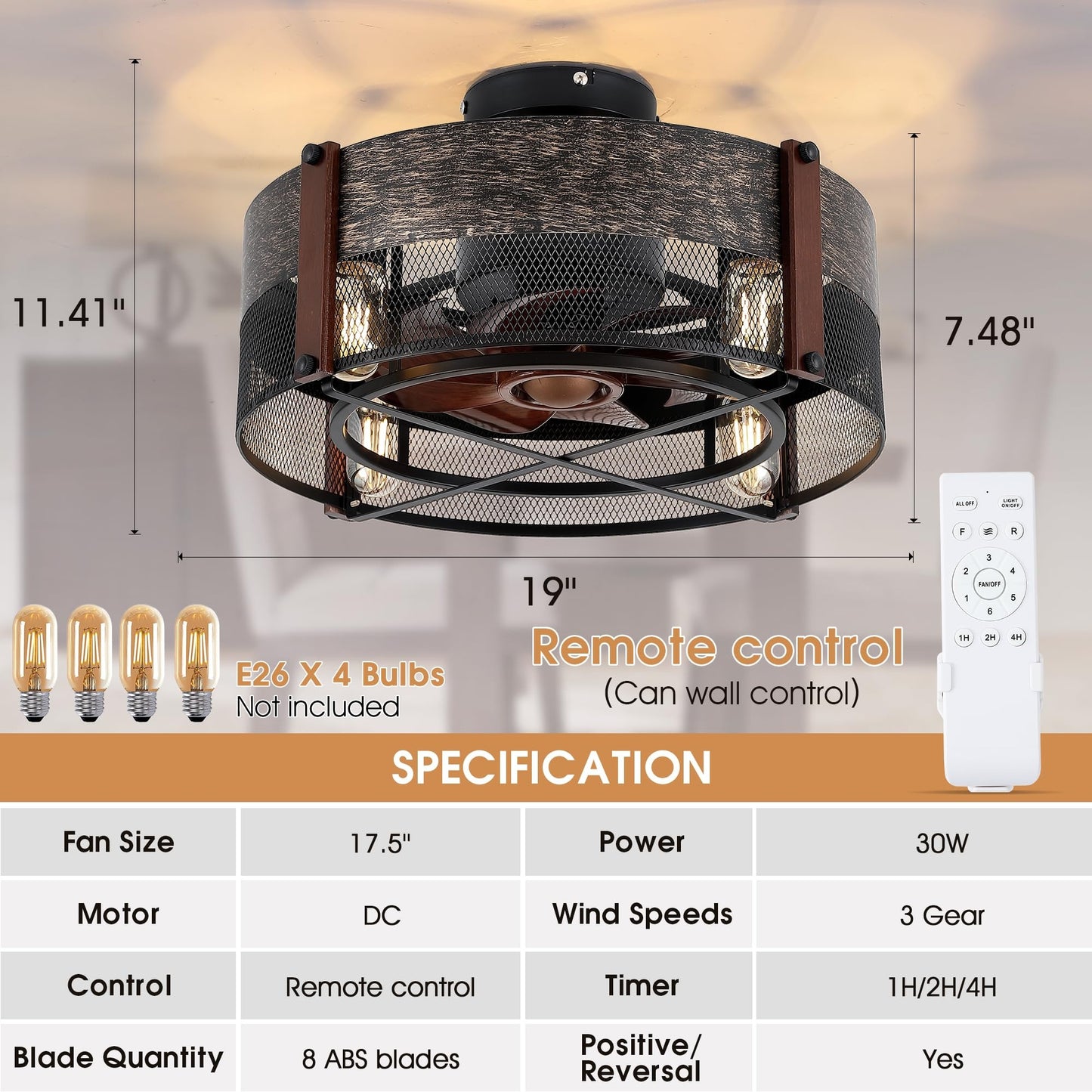 19 Inch Caged Ceiling Fan with Light,Black Bladeless Ceiling Fans for Bedroom Kitchen,Reversible