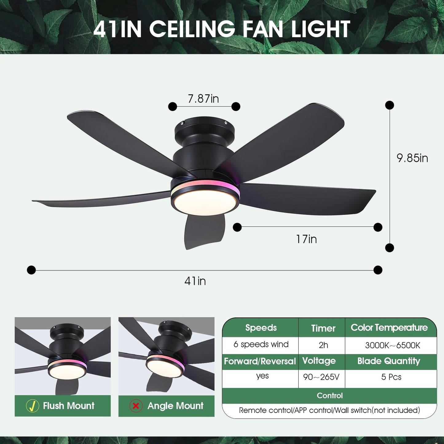 41 Inches RGB Ceiling Fan with Light,3CCT LED,Reversible DC Motor,Flush Mount Ceiling Fan