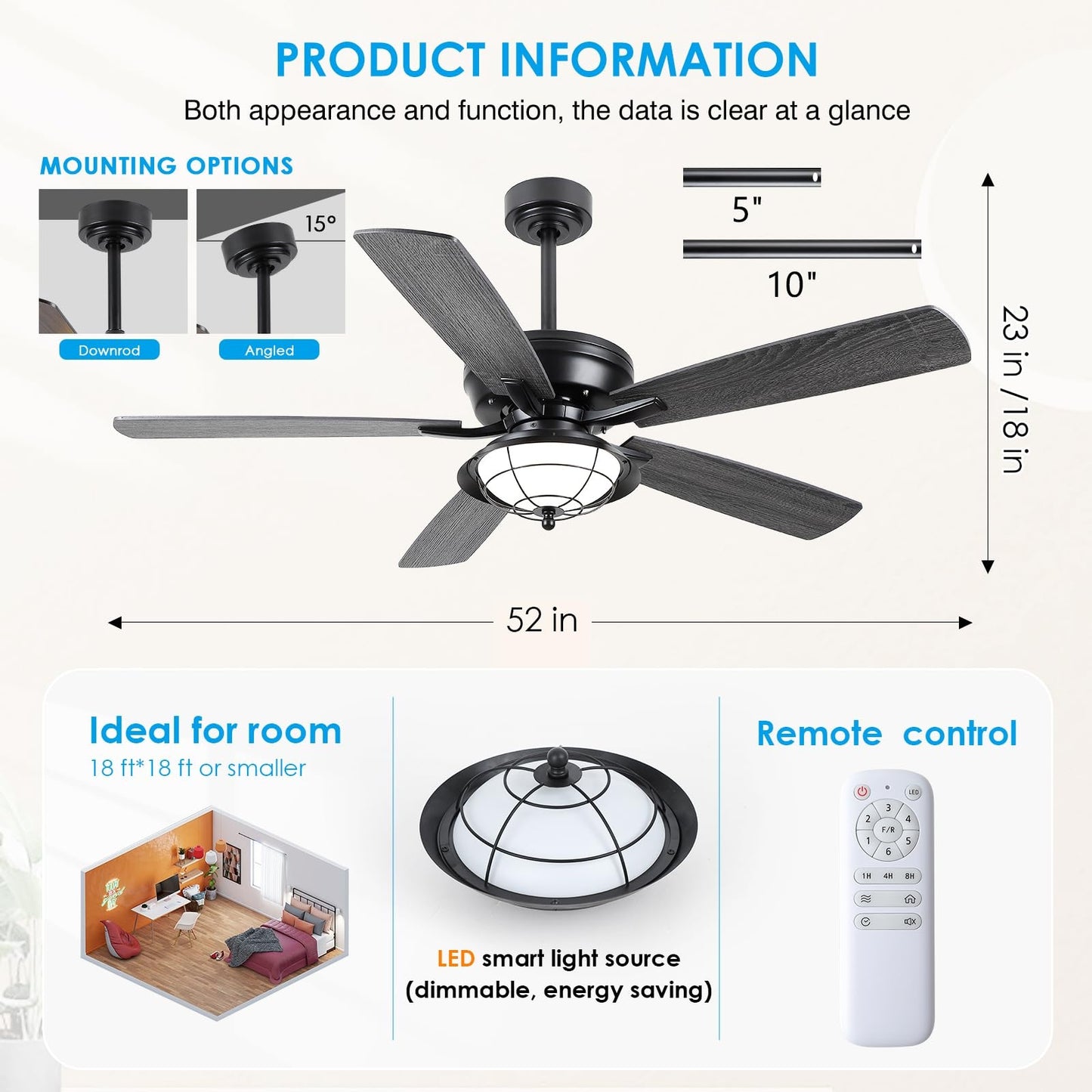 52 Inches Downrod Ceiling Fan with Light,3CCT LED Light,Reversible DC Motor,2 Downrod Inside