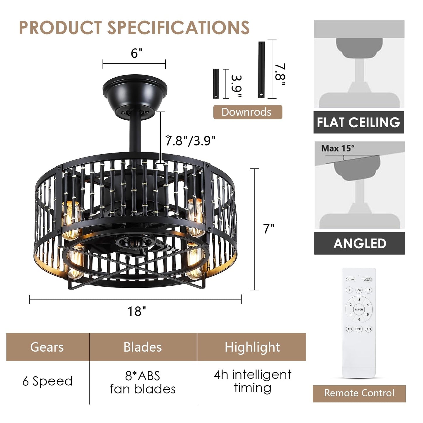 18 Inch Caged Ceiling Fan with Light and Remote,Downrod Bladeless Ceiling Fan Light,for Dining Room,Kitchen,Bedroom