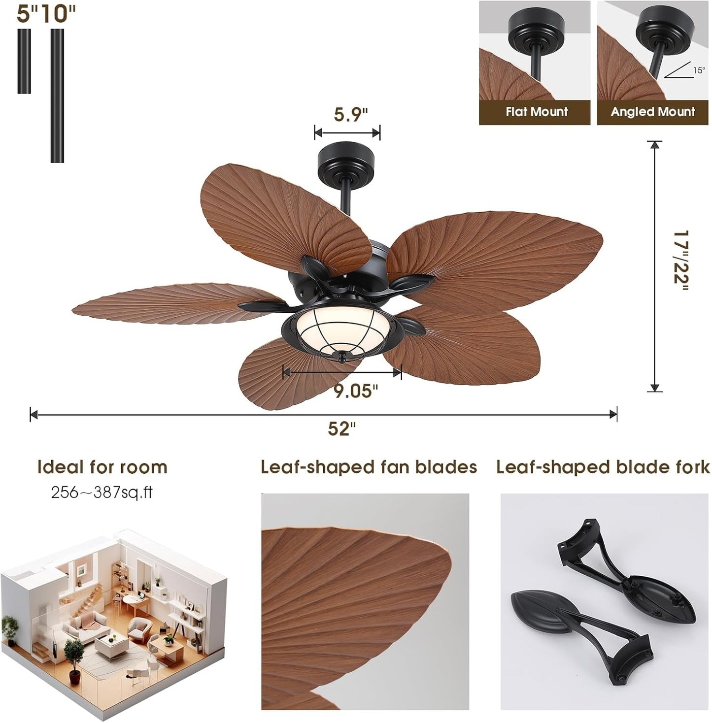 52" Waterproof Outdoor Palm Leaf Ceiling Fans with Lights and Remote,Wet Rated Tropical Ceiling Fans for Patios Porch Gazebo Pergola