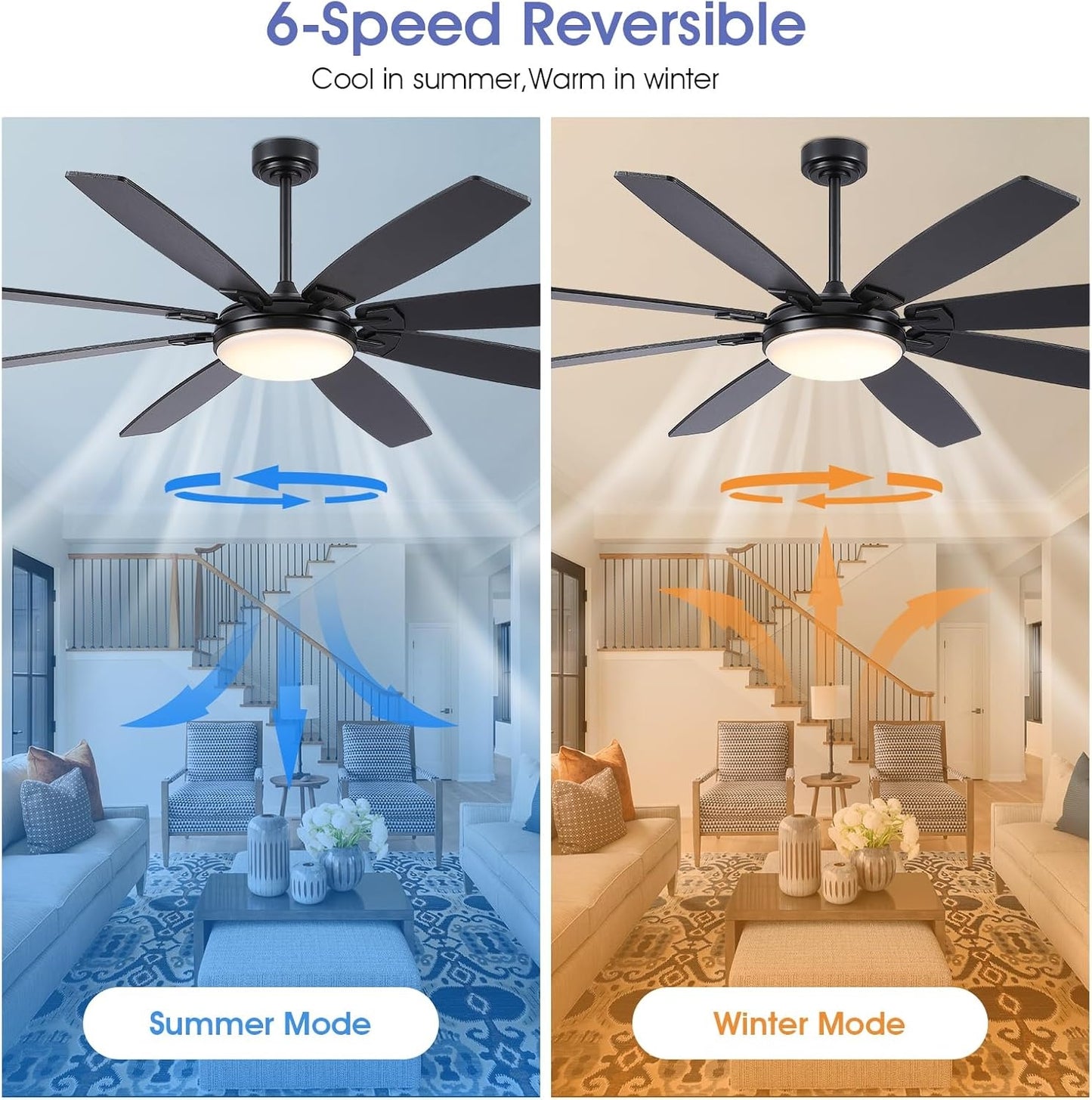 72 Inch Downrod Ceiling Fan with Light ,Remote Control,Dual Side Blades,3CCT LED Lights