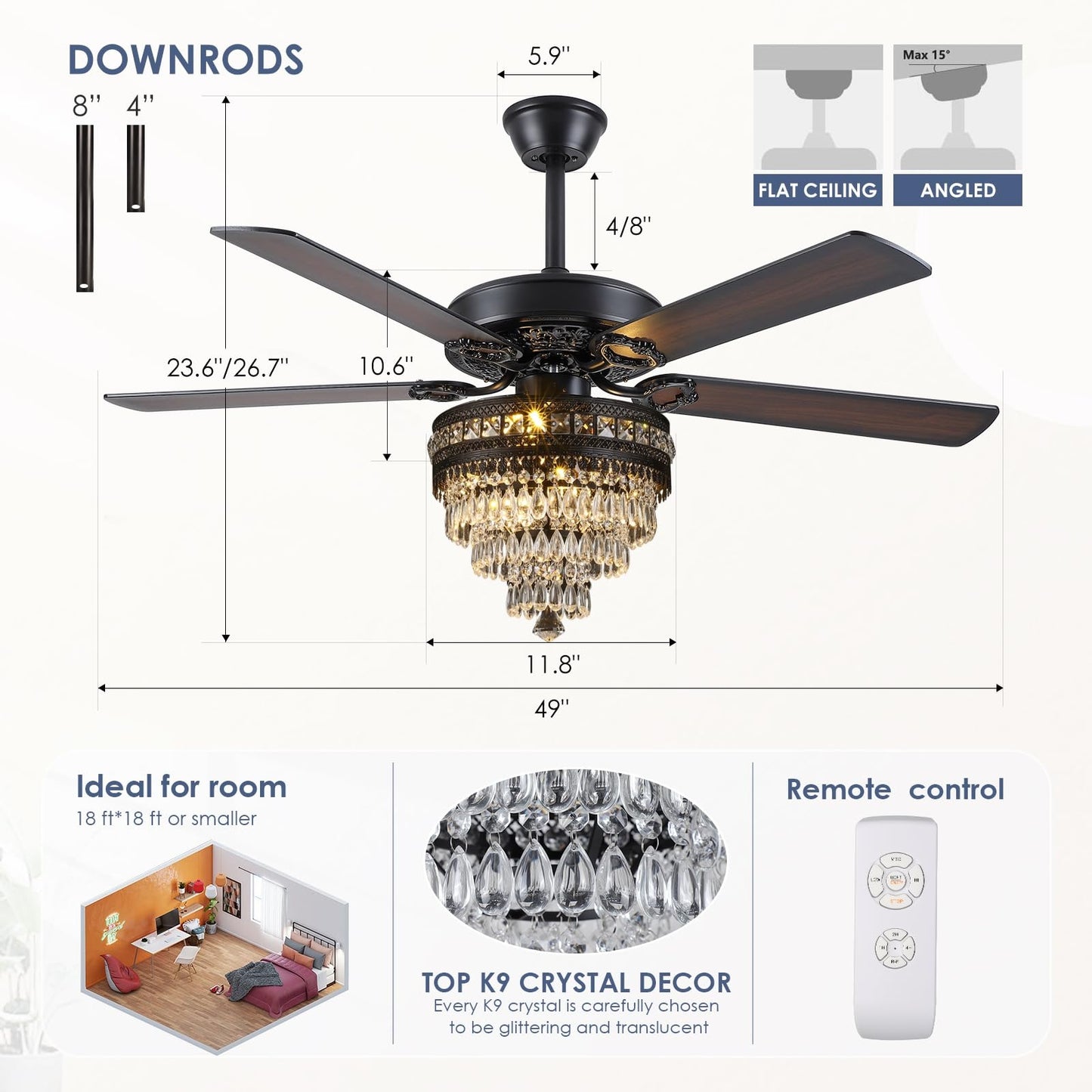 Kviflon  52/ 62 inch Crystal Ceiling Fan with Light