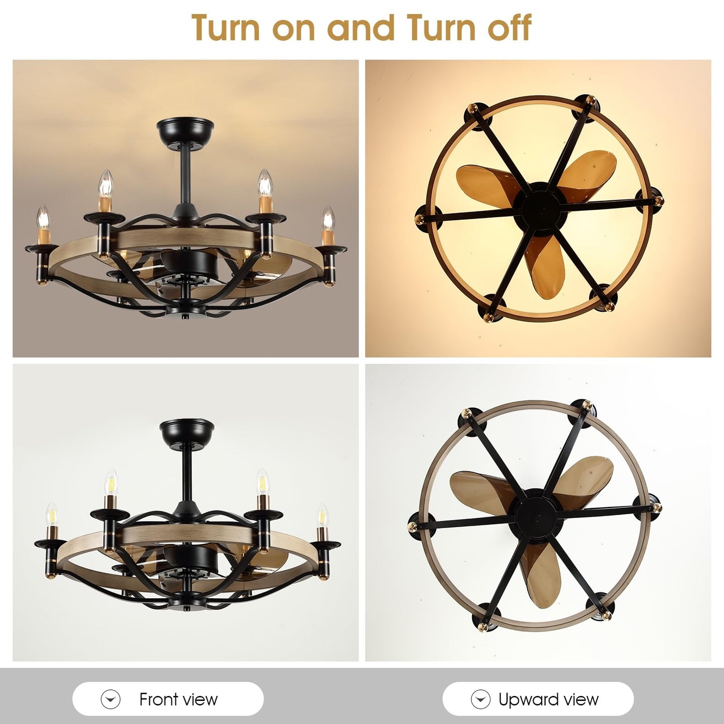 23/32 Inches Caged Ceiling Fan with Light and Remote,Modern Farmhouse Ceiling Fan Light for Living Room,Kitchen,Dinning Room, Black Rustic Chandelier Candles
