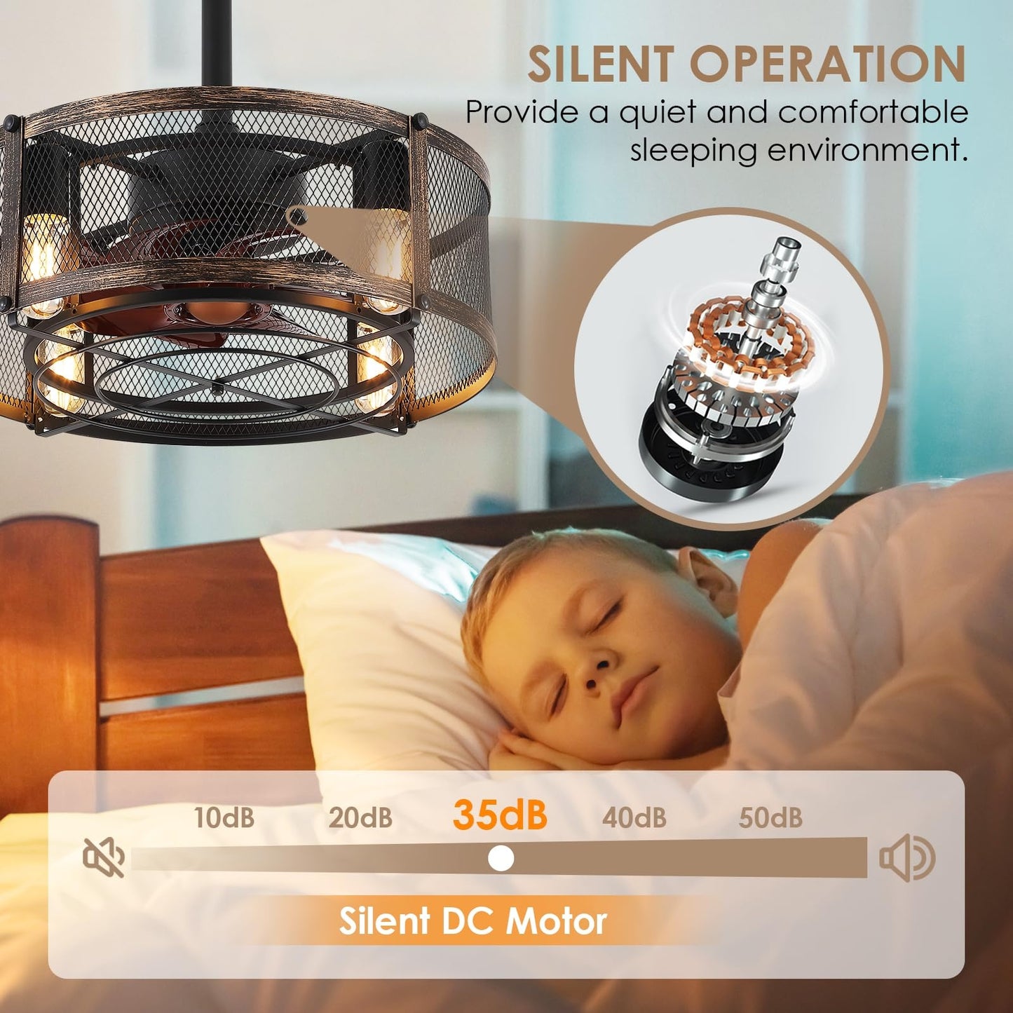 18" Industrial Black Caged Ceiling Fan with Light & Remote - Reversible Quiet Motor, Flush Mount Fandelier for Bedroom, Kitchen, Dining room,Outdoor