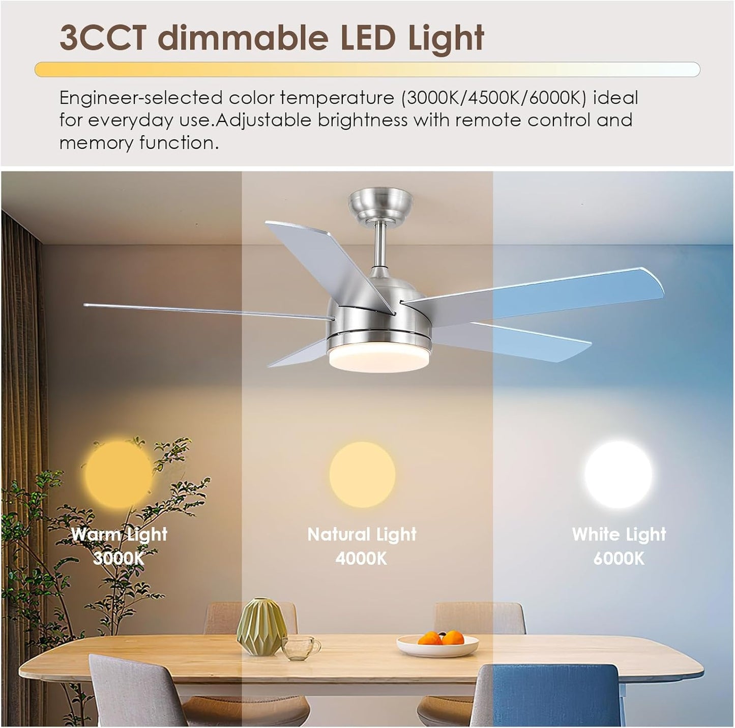 46 Downrod Ceiling Fan with Light-Nickle