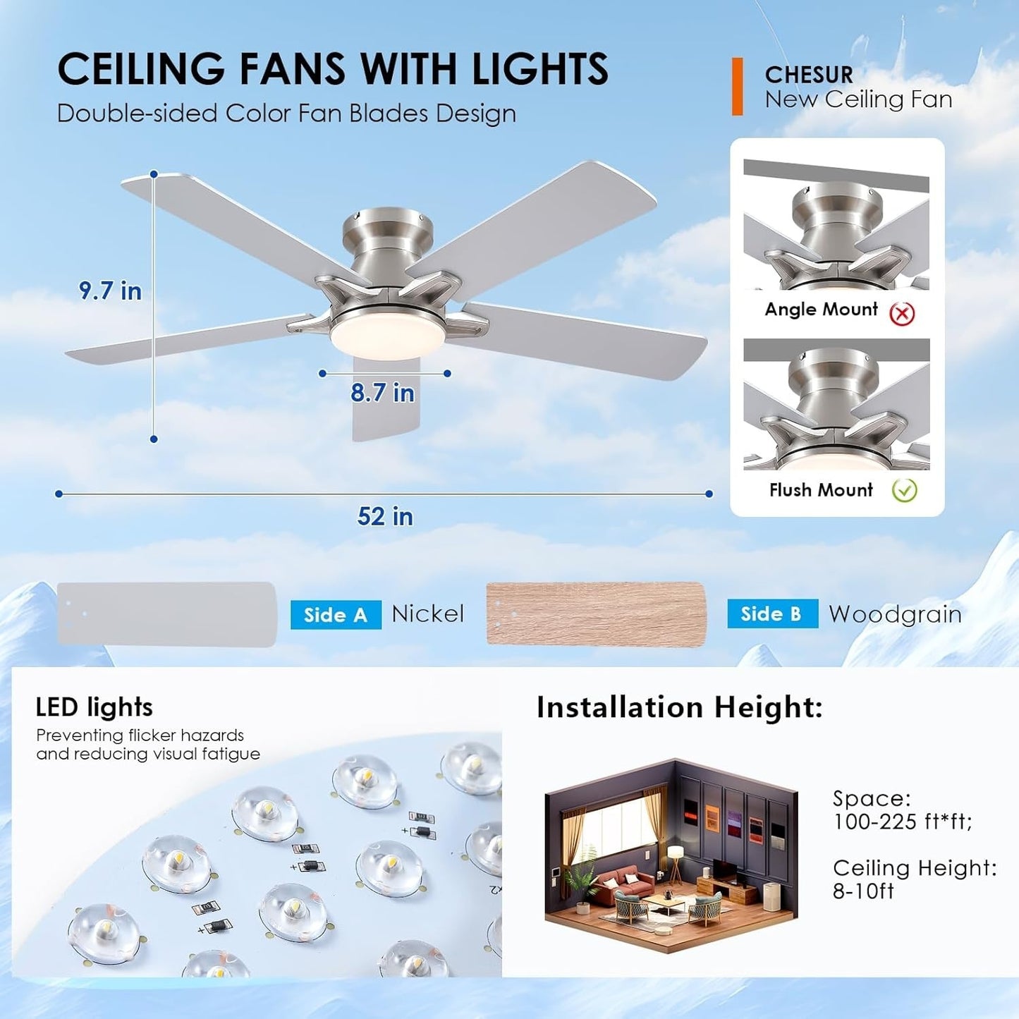 52 Inch Flush Mount 5 Blades Ceiling Fan,Low Profile Ceiling Fan Light for Indoor or Outdoor