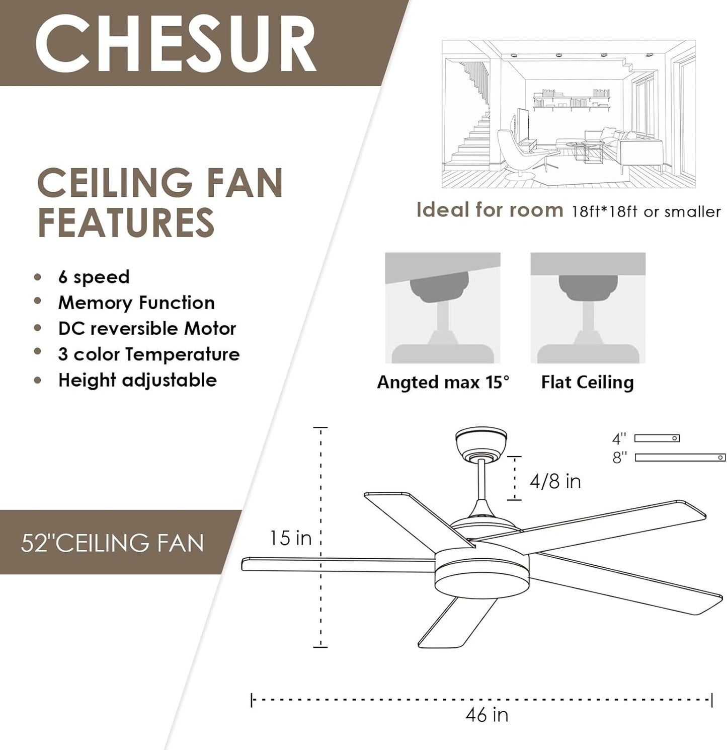 46 inch White ceiling fan with light