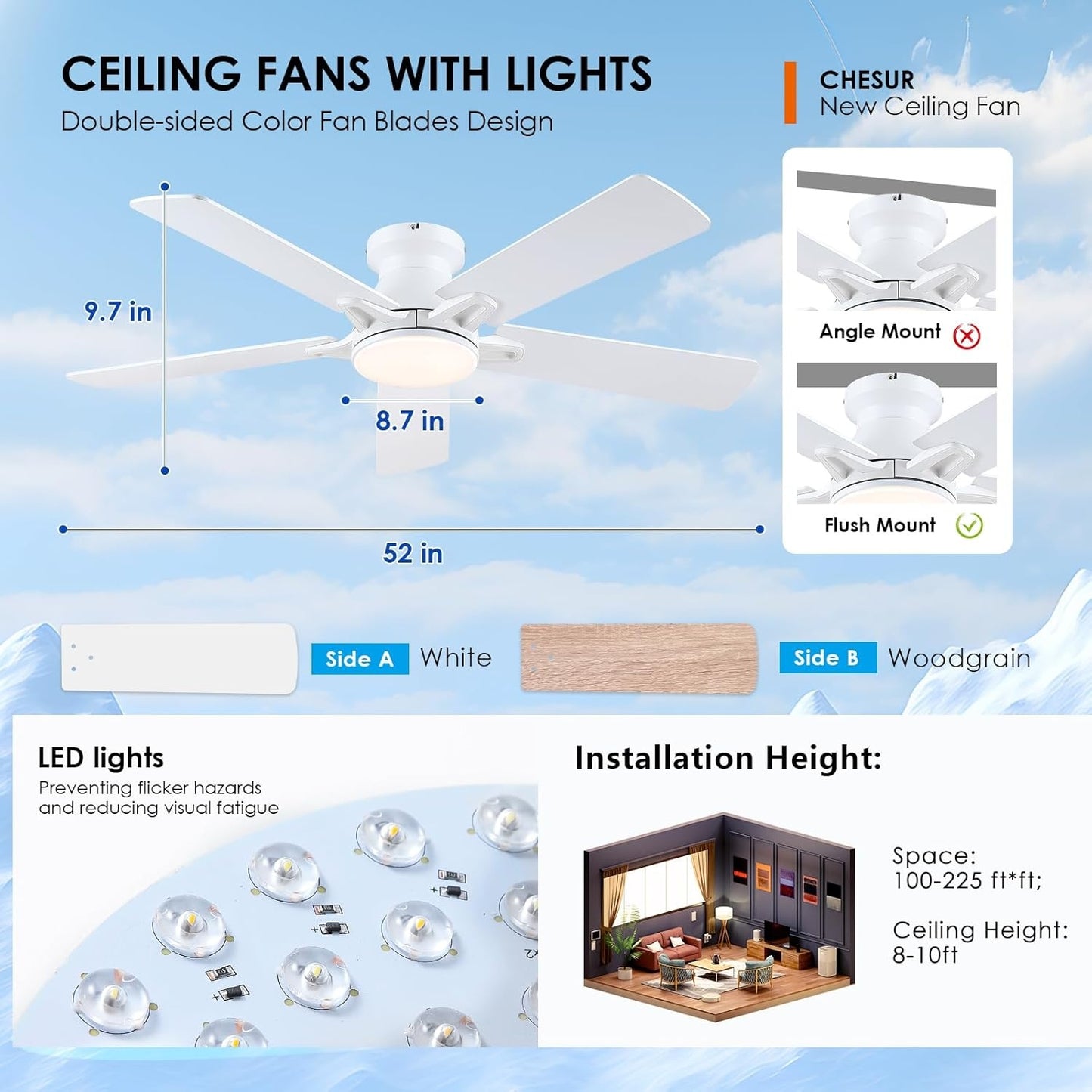 52 inch white flush mount ceiling fan with light