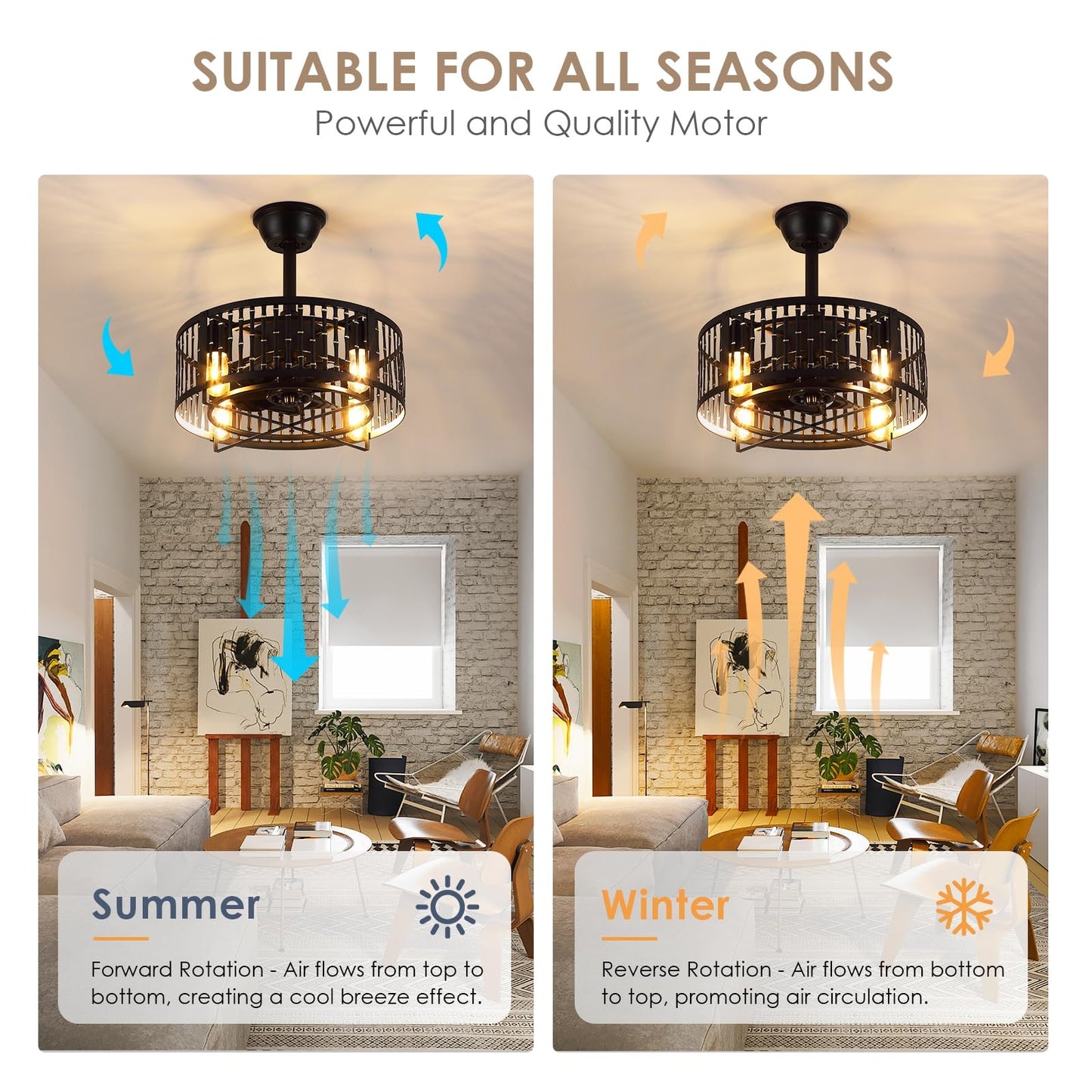 18 Inch Caged Ceiling Fan with Light and Remote,Downrod Bladeless Ceiling Fan Light,for Dining Room,Kitchen,Bedroom