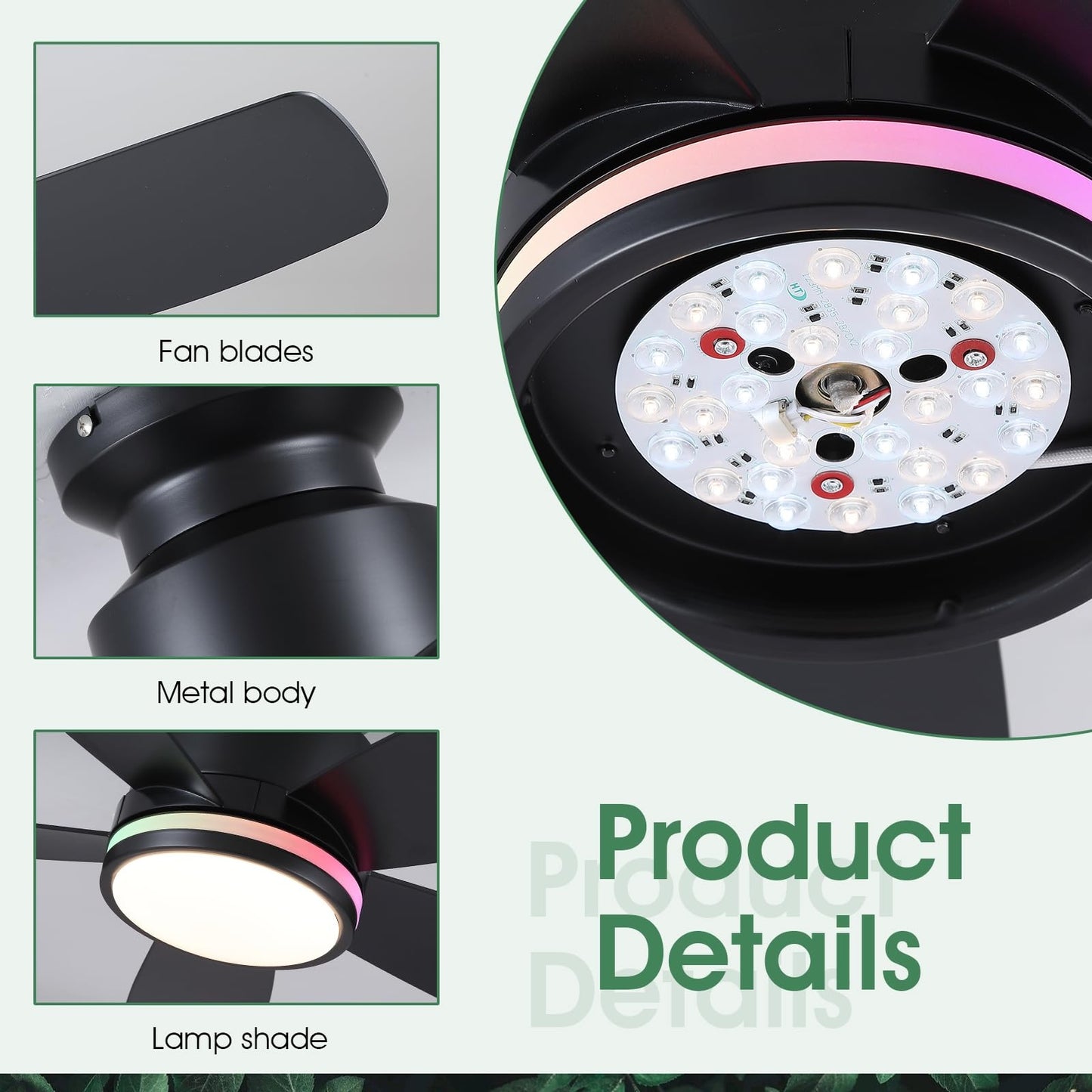 41 Inches RGB Ceiling Fan with Light,3CCT LED,Reversible DC Motor,Flush Mount Ceiling Fan