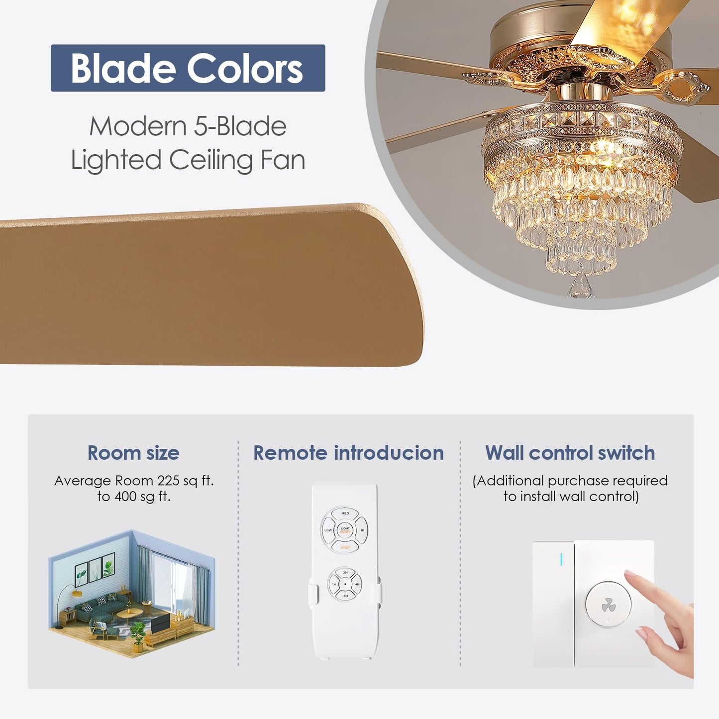 52 Inch Crystal Ceiling Fan with light -Gold