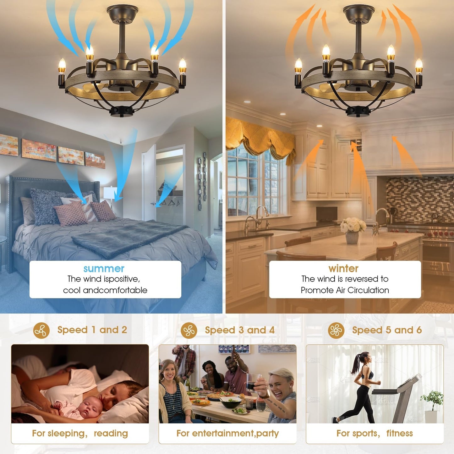 23/32 Inches Caged Ceiling Fan with Light and Remote,Modern Farmhouse Ceiling Fan Light for Living Room,Kitchen,Dinning Room, Black Rustic Chandelier Candles