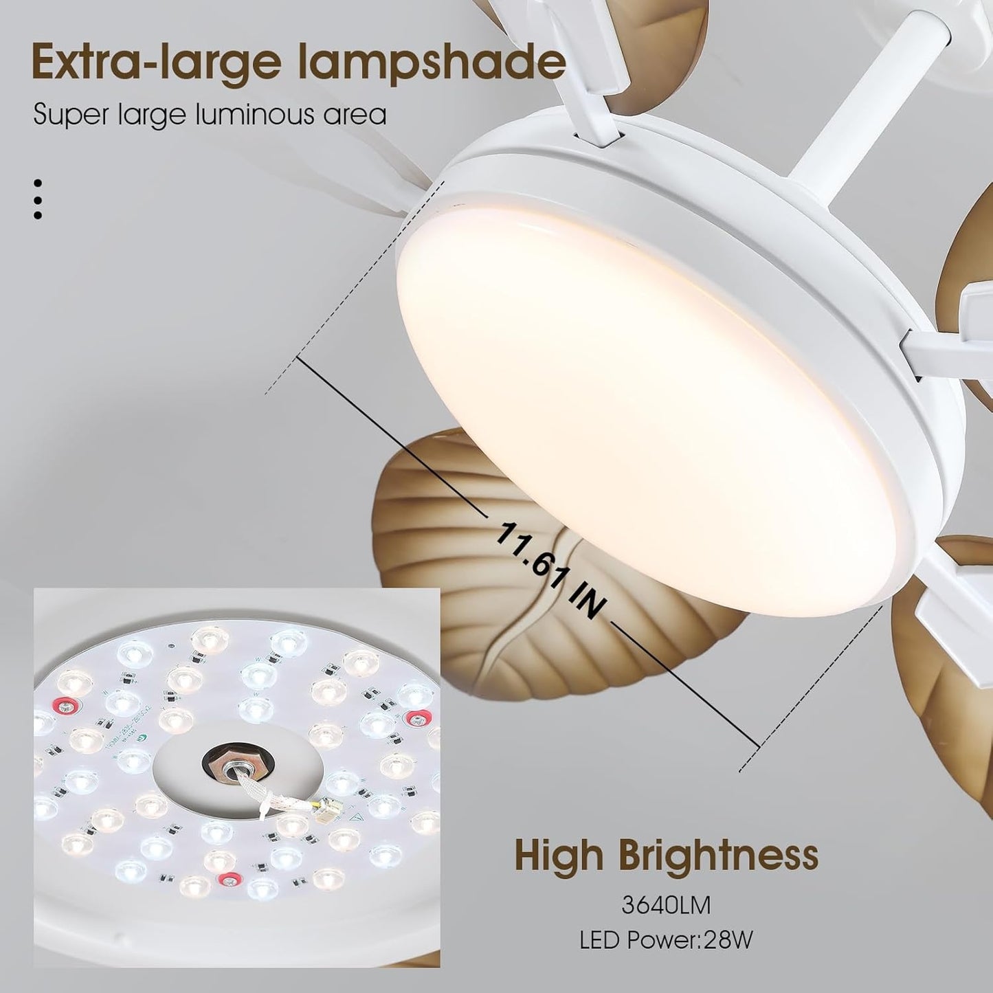 48 or 52 Inch Palm Leaf Ceiling Fan,APP and Remote Control,5 Blades,Dimmable,Reversible DC Motor
