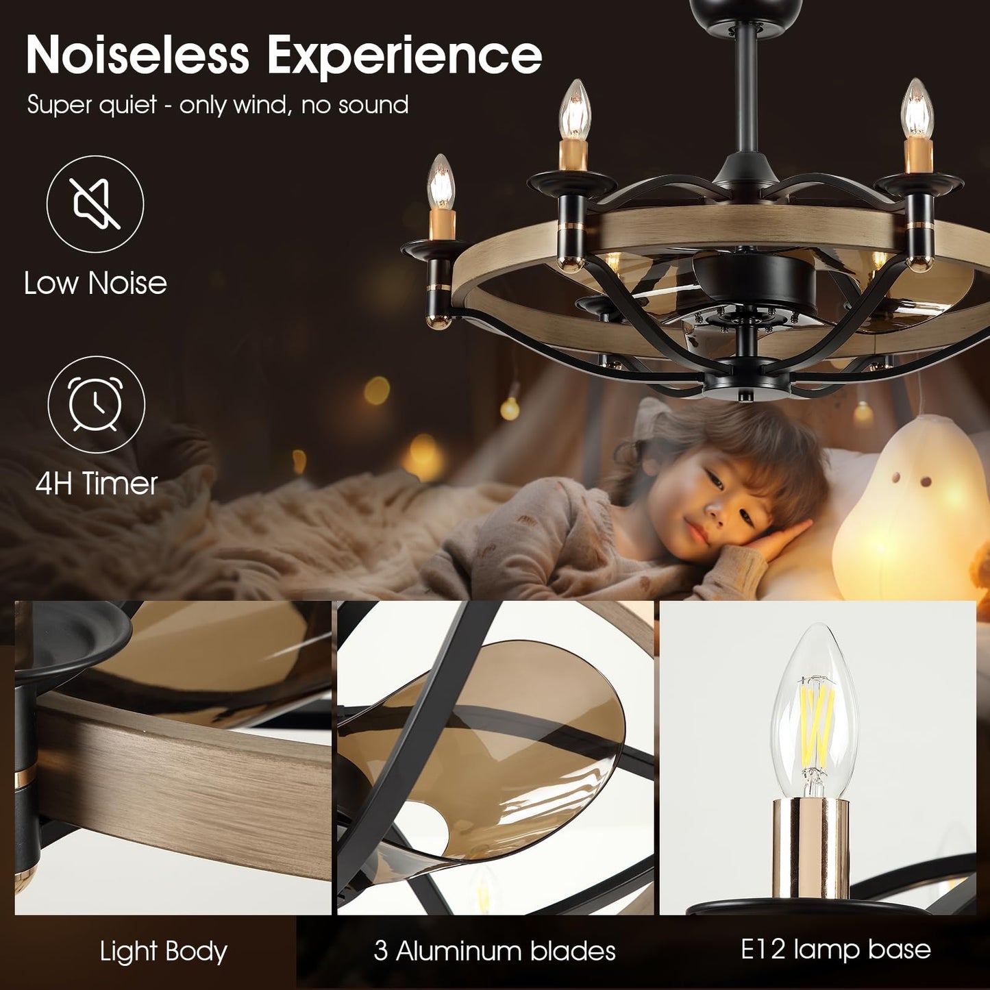 23/32 Inches Caged Ceiling Fan with Light and Remote,Modern Farmhouse Ceiling Fan Light for Living Room,Kitchen,Dinning Room, Black Rustic Chandelier Candles
