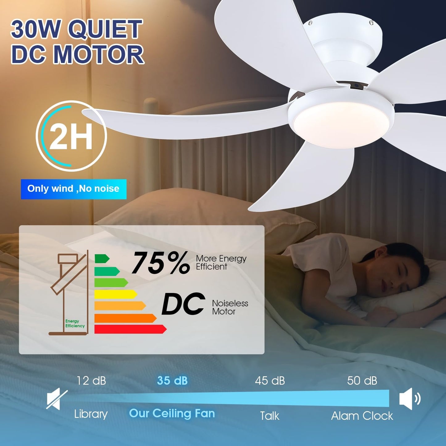 42 Inch Low Profile Modern Ceiling Fan, Reversible DC Motor,5 Blades,6 Speed, App and Remote Control