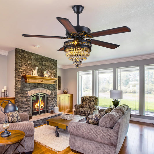 52" Crystal Ceiling Fan Fandelier with Lights - Modern Outdoor Fans with Remote Control,Noiseless AC Motor, Retro/Farmhouse Lighting, Dining Room,Living Room