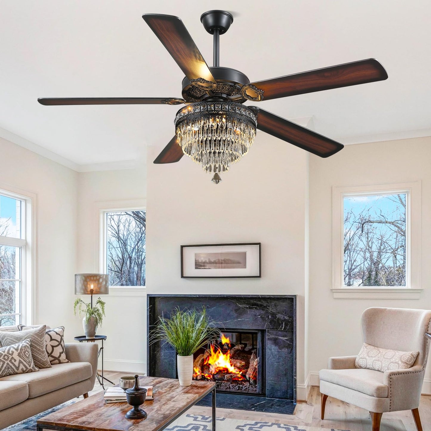 62 Inch  Crystal Ceiling Fan Fandelier with Lights,Modern Outdoor Fans with Remote Control，Noiseless DC Motor, Retro/Farmhouse Lighting, Dining Room,Living Room