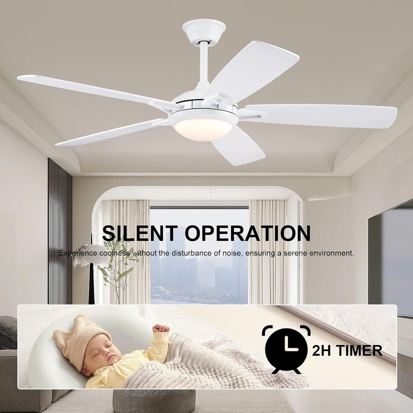 52 Inch White Ceiling Fan with LED
