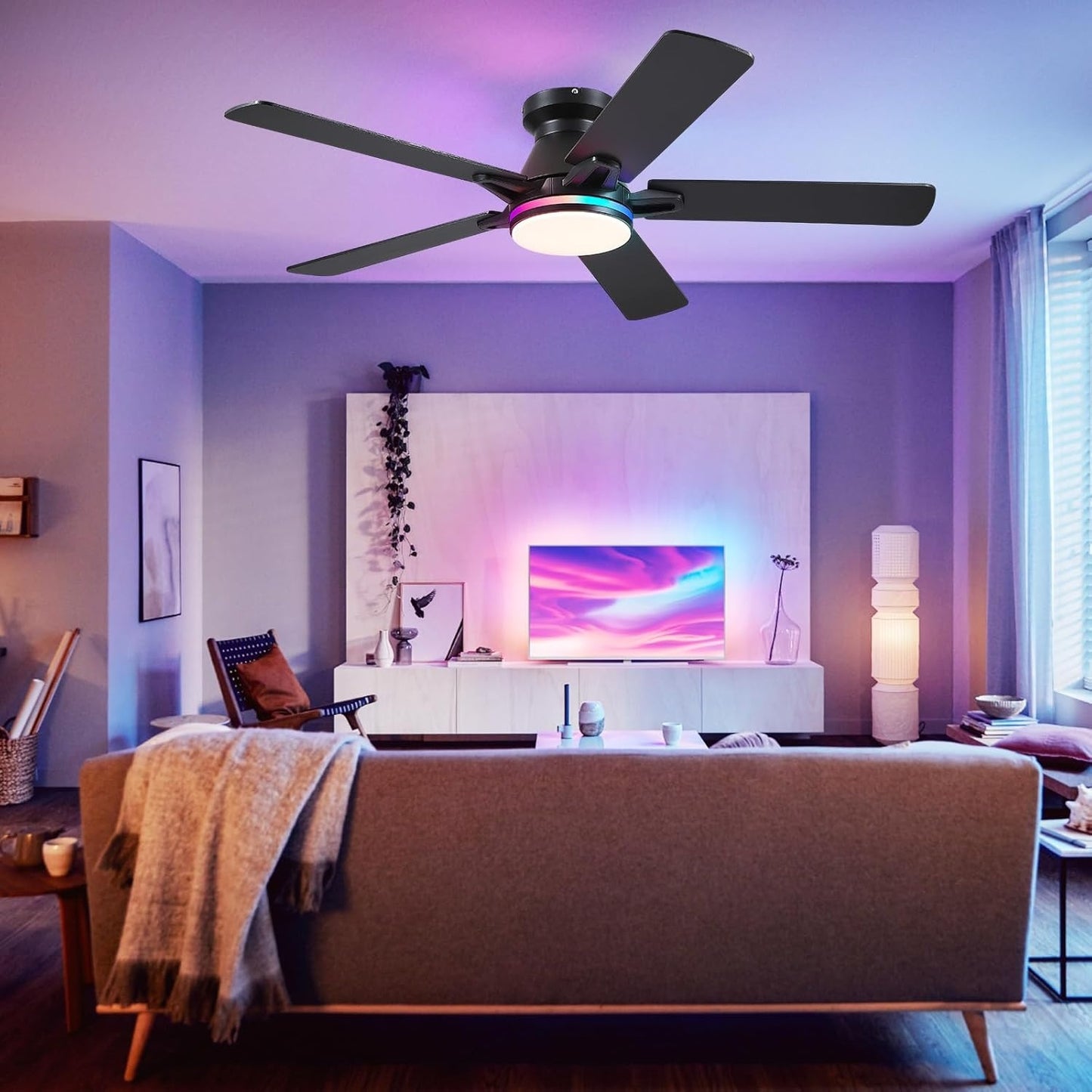 52" RGB Ceiling Fan Light,Flush Mount Low Profile Ceiling Fan,3 CCT and Dimmable LED,Black