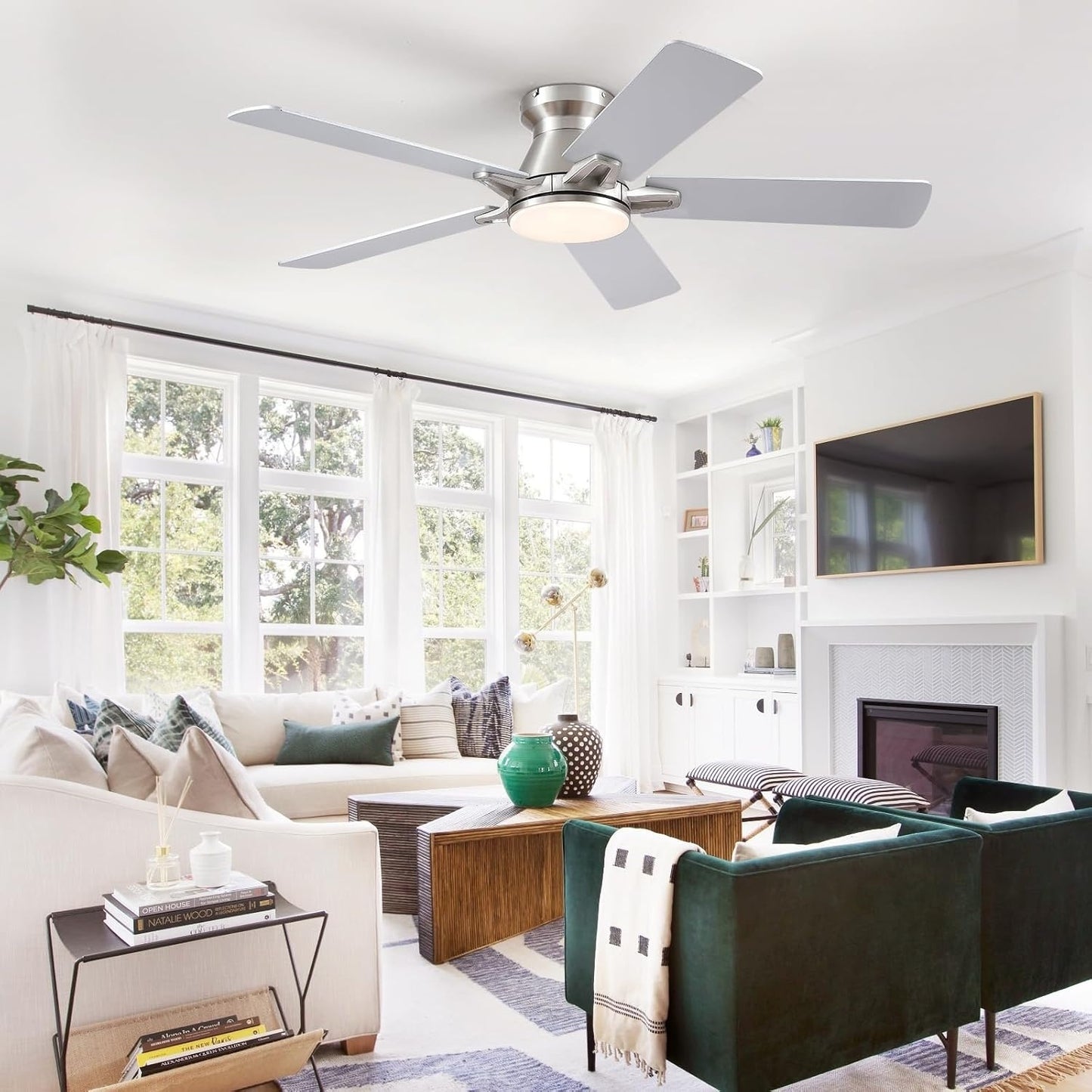 52 Inch Flush Mount 5 Blades Ceiling Fan,Low Profile Ceiling Fan Light for Indoor or Outdoor