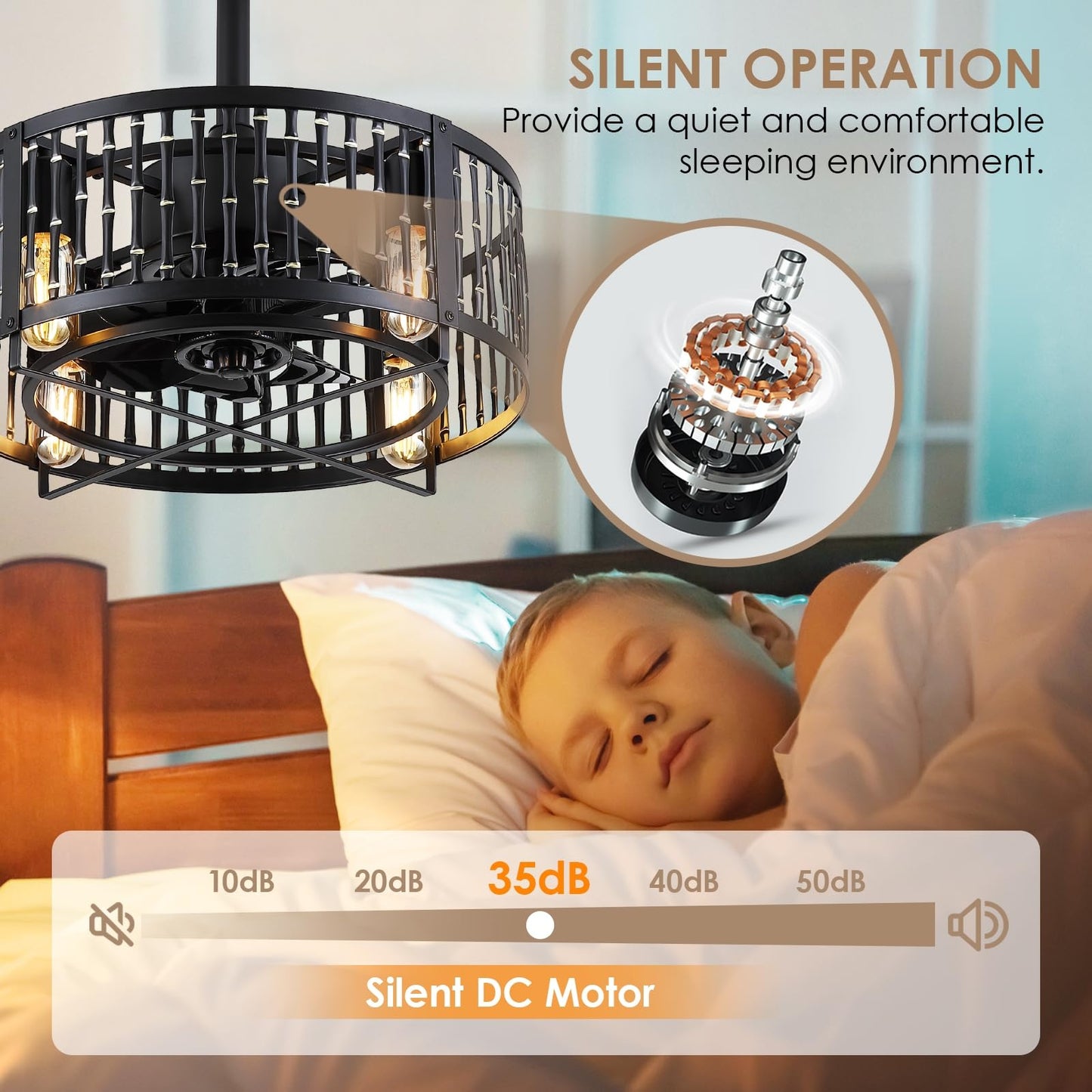 18 Inch Caged Ceiling Fan with Light and Remote,Downrod Bladeless Ceiling Fan Light,for Dining Room,Kitchen,Bedroom