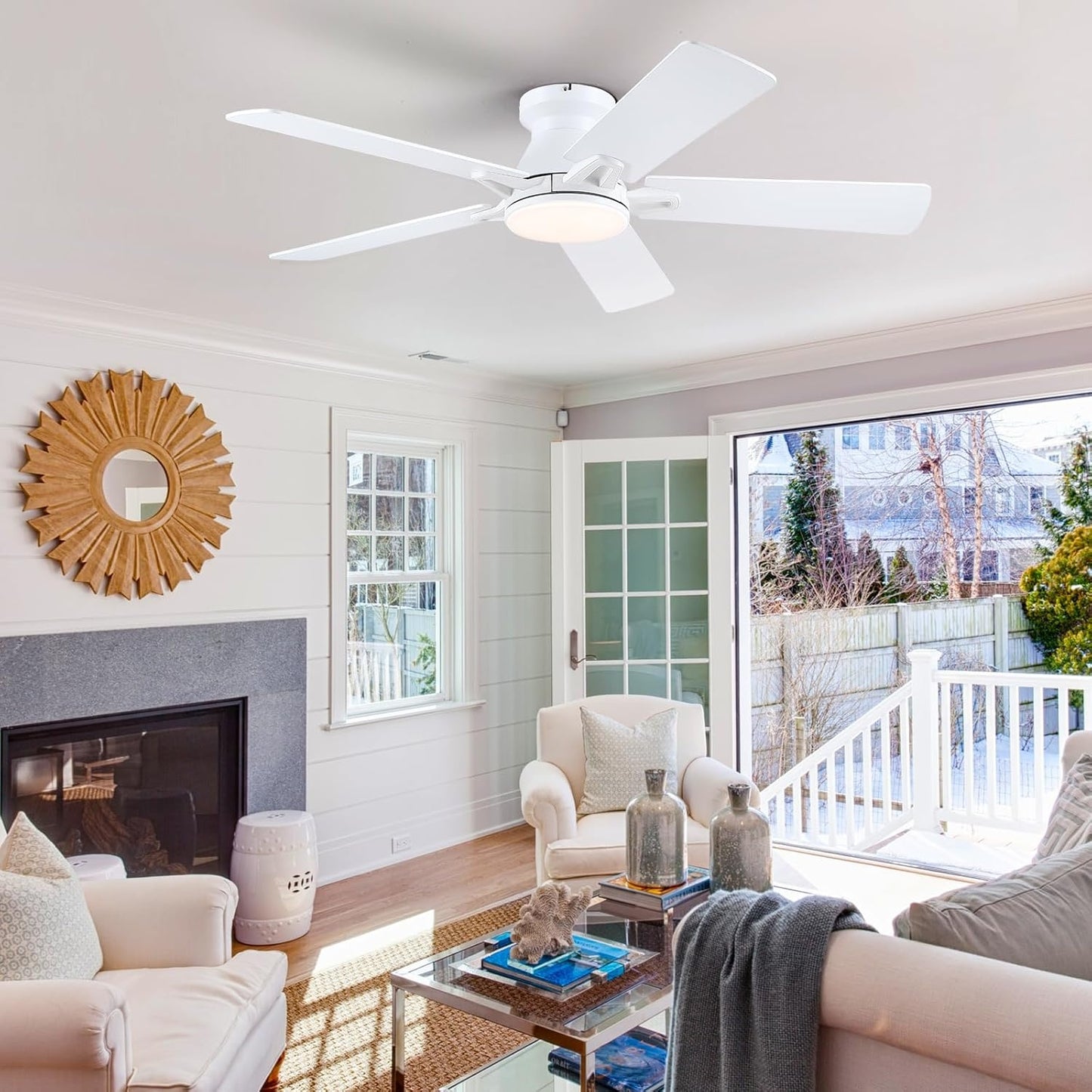 52 Inch Flush Mount 5 Blades Ceiling Fan,Low Profile Ceiling Fan Light for Indoor or Outdoor