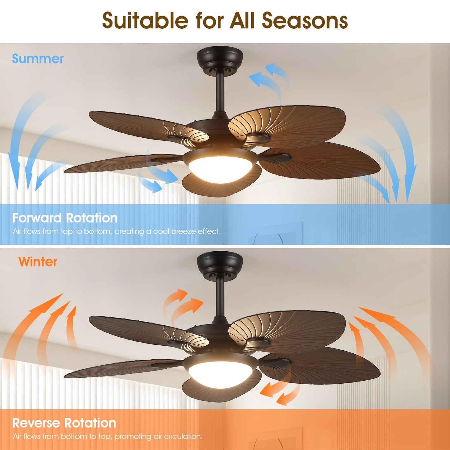 44 Inch Tropical Palm Leaf Ceiling Fan with LED Lights, Outdoor Ceiling Fans for Patios Porch, Reversible Quiet Motor, Dimmable, Light Brown