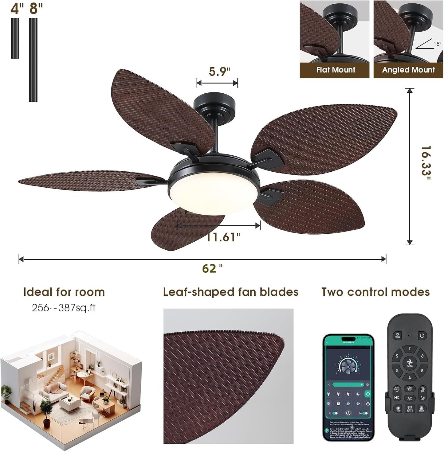 52 and 62 inch palm leaf ceiling fan